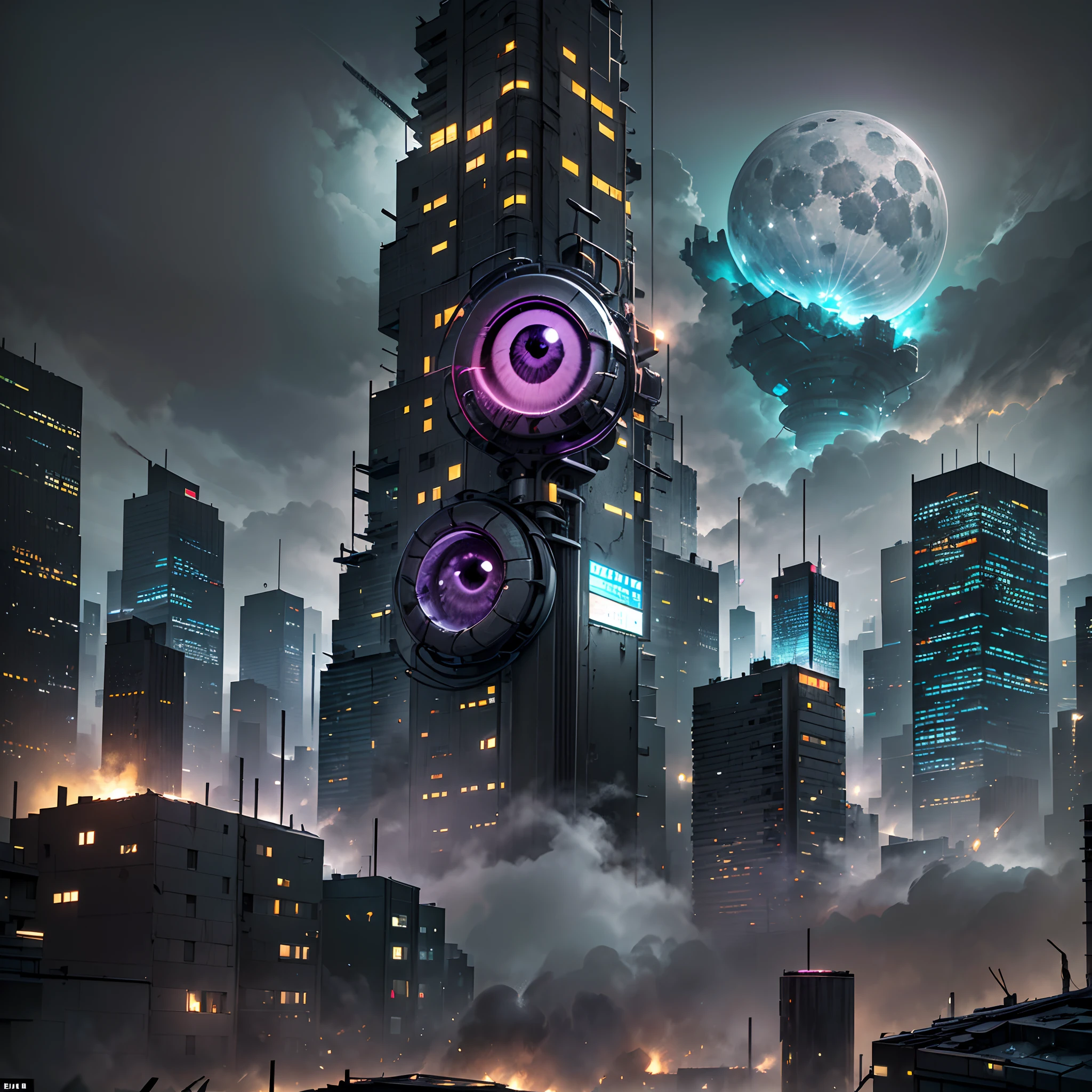 Pixel art，(Gray-black-purple，Color scheme:1.4)In a post-apocalyptic metropolis, The remains of a huge city，Similar to the pixelated gameplaystyle. Capture the view through the drone's perspective, The atmosphere is full of bleakness, Dilapidated cars and huge plants are intertwined，It's confusing. The city is bathed in moonlight, Cast an eerie glow on the smoke that fills the air. In the midst of desolation, Nature endures, Plants completely disrupt the cityscape as they continue to grow.one-eyed