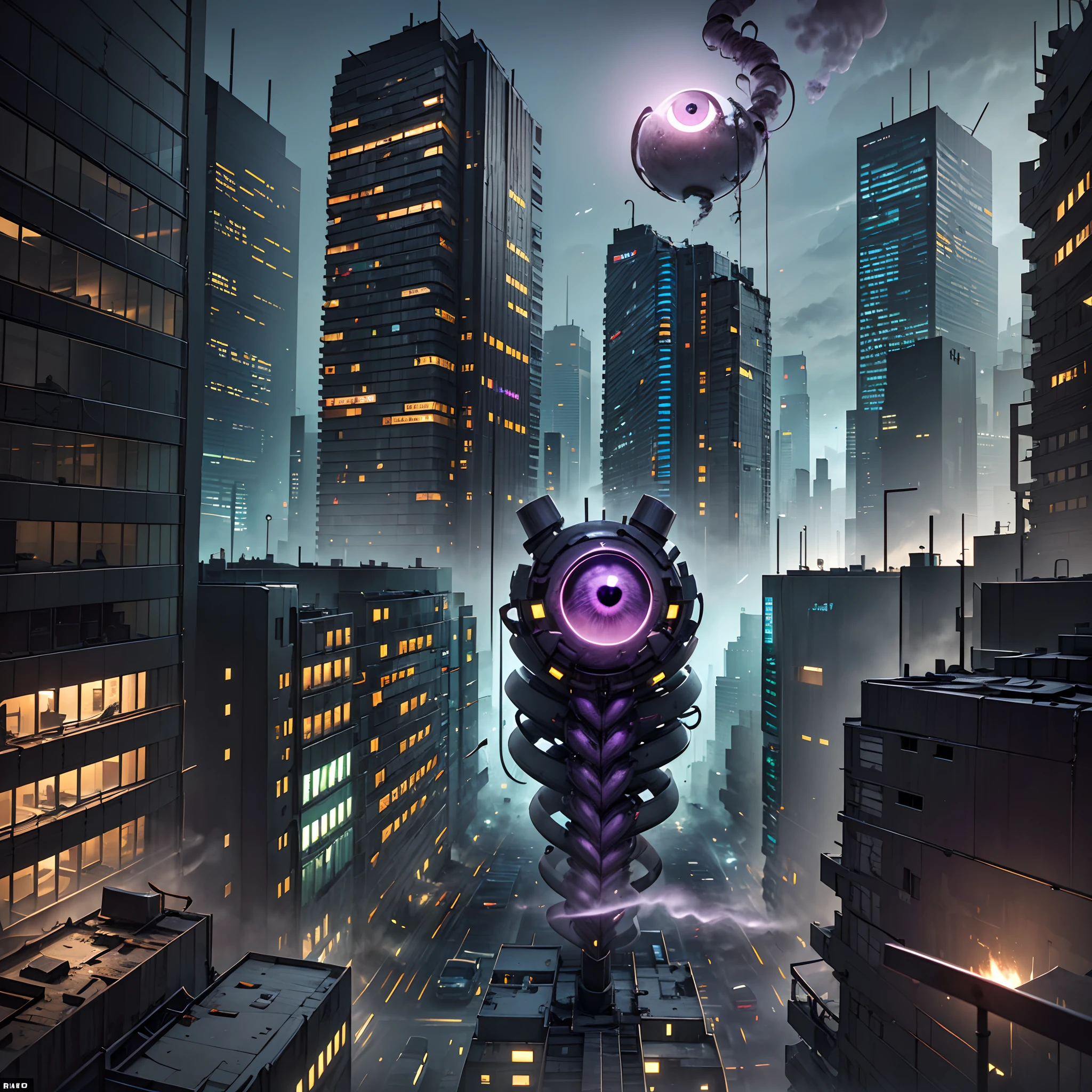 Pixel art，(Gray-black-purple，Color scheme:1.4)In a post-apocalyptic metropolis, The remains of a huge city，Similar to the pixelated gameplaystyle. Capture the view through the drone's perspective, The atmosphere is full of bleakness, Dilapidated cars and huge plants are intertwined，It's confusing. The city is bathed in moonlight, Cast an eerie glow on the smoke that fills the air. In the midst of desolation, Nature endures, Plants completely disrupt the cityscape as they continue to grow.one-eyed