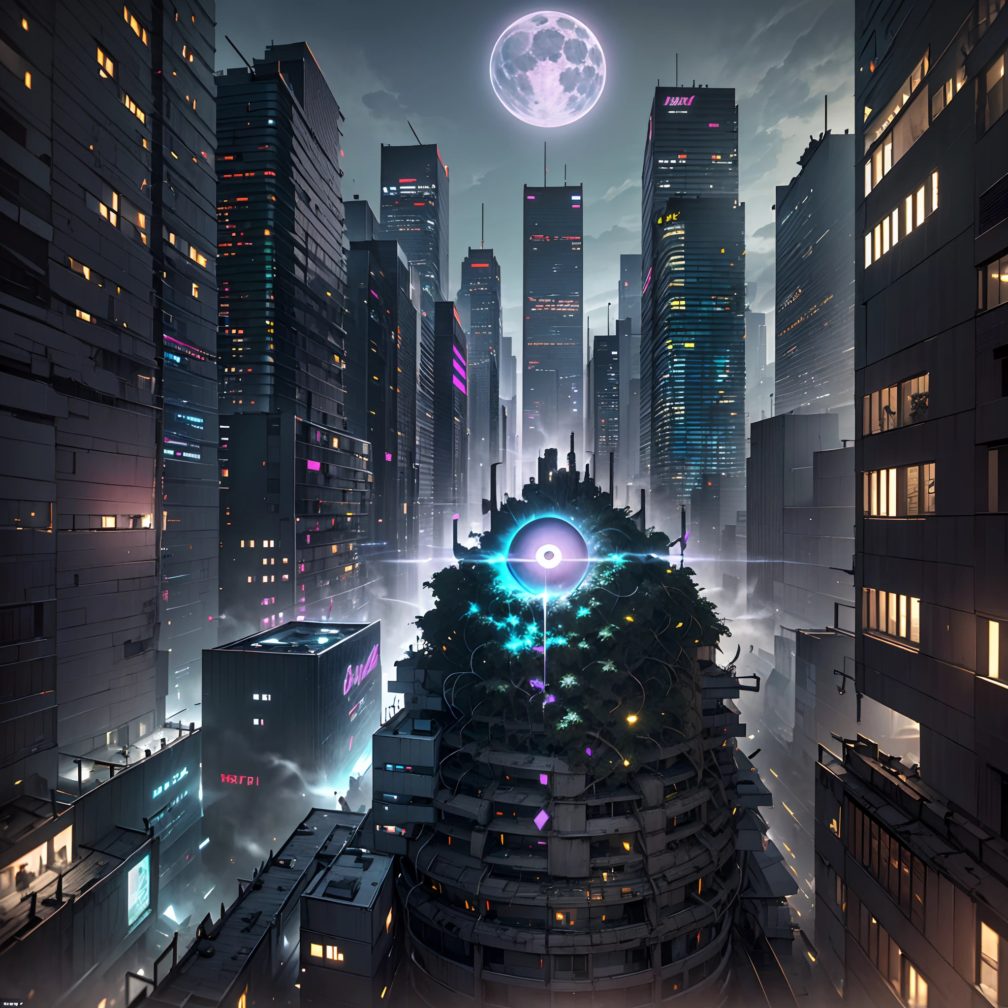 Pixel art，(Gray-black-purple，Color scheme:1.4)In a post-apocalyptic metropolis, The remains of a huge city，Similar to the pixelated gameplaystyle. Capture the view through the drone's perspective, The atmosphere is full of bleakness, Dilapidated cars and huge plants are intertwined，It's confusing. The city is bathed in moonlight, Cast an eerie glow on the smoke that fills the air. In the midst of desolation, Nature endures, Plants completely disrupt the cityscape as they continue to grow.one-eyed