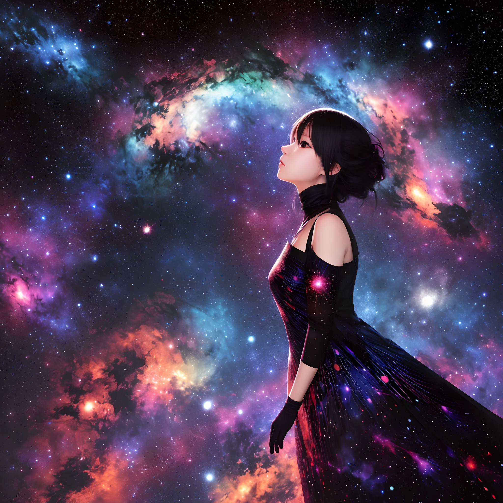 masutepiece, Best Quality, 超A high resolution, (Abstract Art:1.3), (Dark theme:1.2), Art Book, Stylized, deepshadow, Dark theme, 1girl in, Cosmic dress, The beauty of the universe, in the universe, nebulas