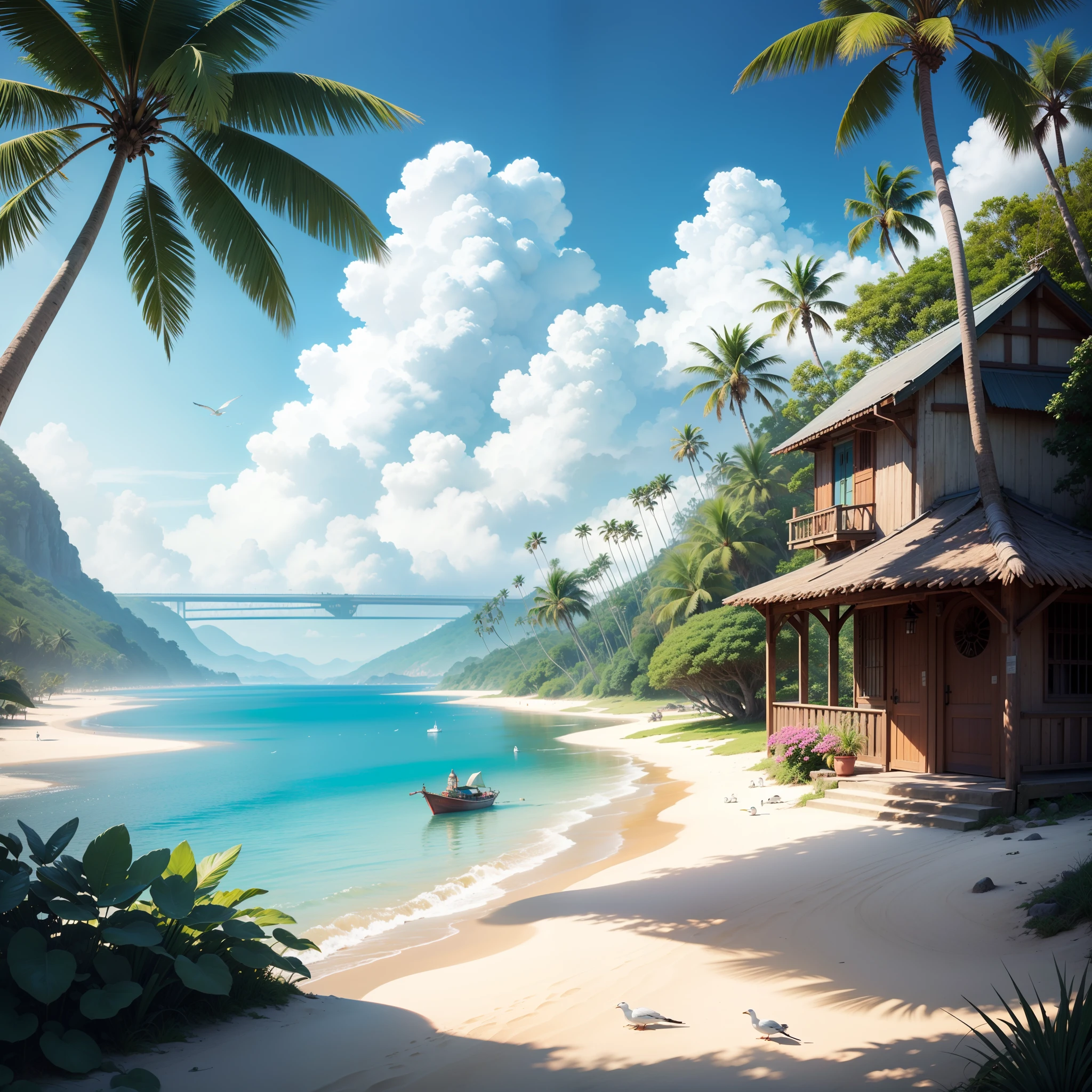((best quality)), clear, reasonable structure, ((cartoon style)), beach, boat, palm tree, sand, ((sea)), seagull, (sky with big sun), sunny, fantasy, no_humans, outdoors, landscape, real, Studio Ghibli Hayao Miyazaki's tropical island with blue sea and sky, tropical island, coconut,
