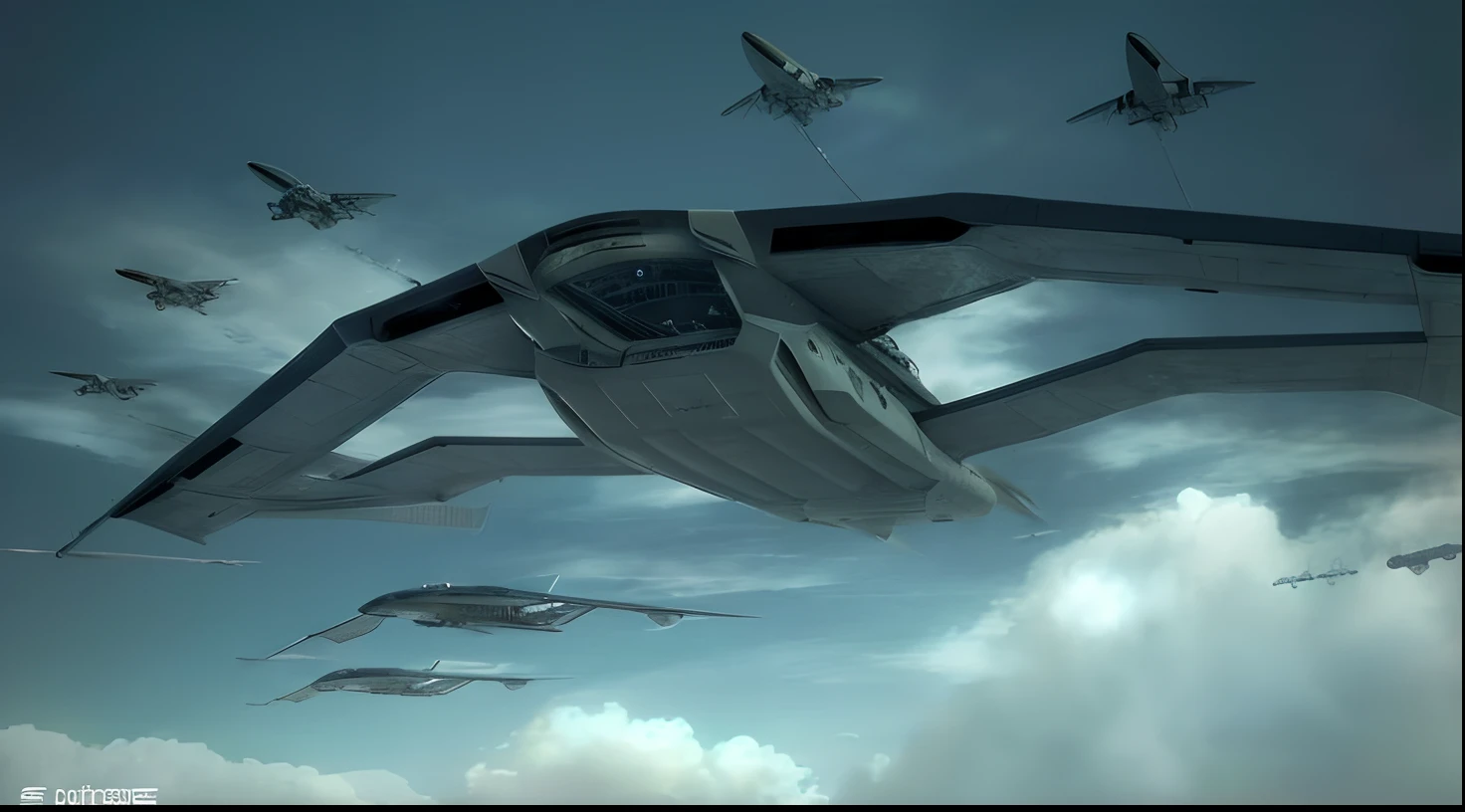 Group of fighter planes flying in the clouds, Movie Dune's Spaceship, Fighter drone, Lockheed concept art, large dieselpunk flying airships, Airship in the background, prometheus alien engineering, alien space ship, Ace Combat, Spaceship in cloudy sky, Flying Spaceship, Flying spacecraft, Prometheus movie frames, Spacecraft of the future