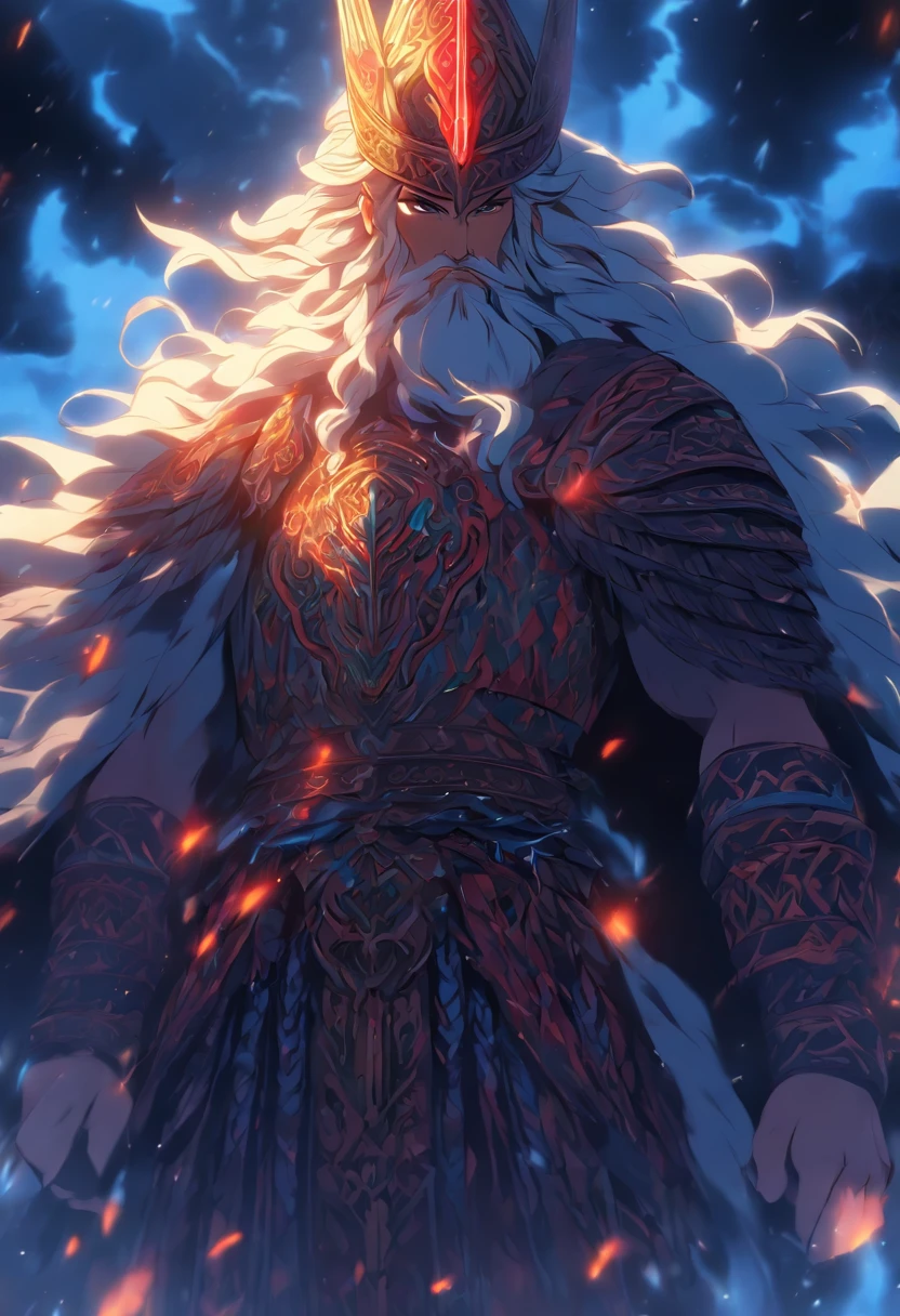 (((PERUN))) best quality, ultra-high resolution, 4K detailed CG, masterpiece, The Storm God, Slavic clothing, Slavic mythology, ((STANDING POSE)), Slavic painting style, aesthetic, centered on the screen