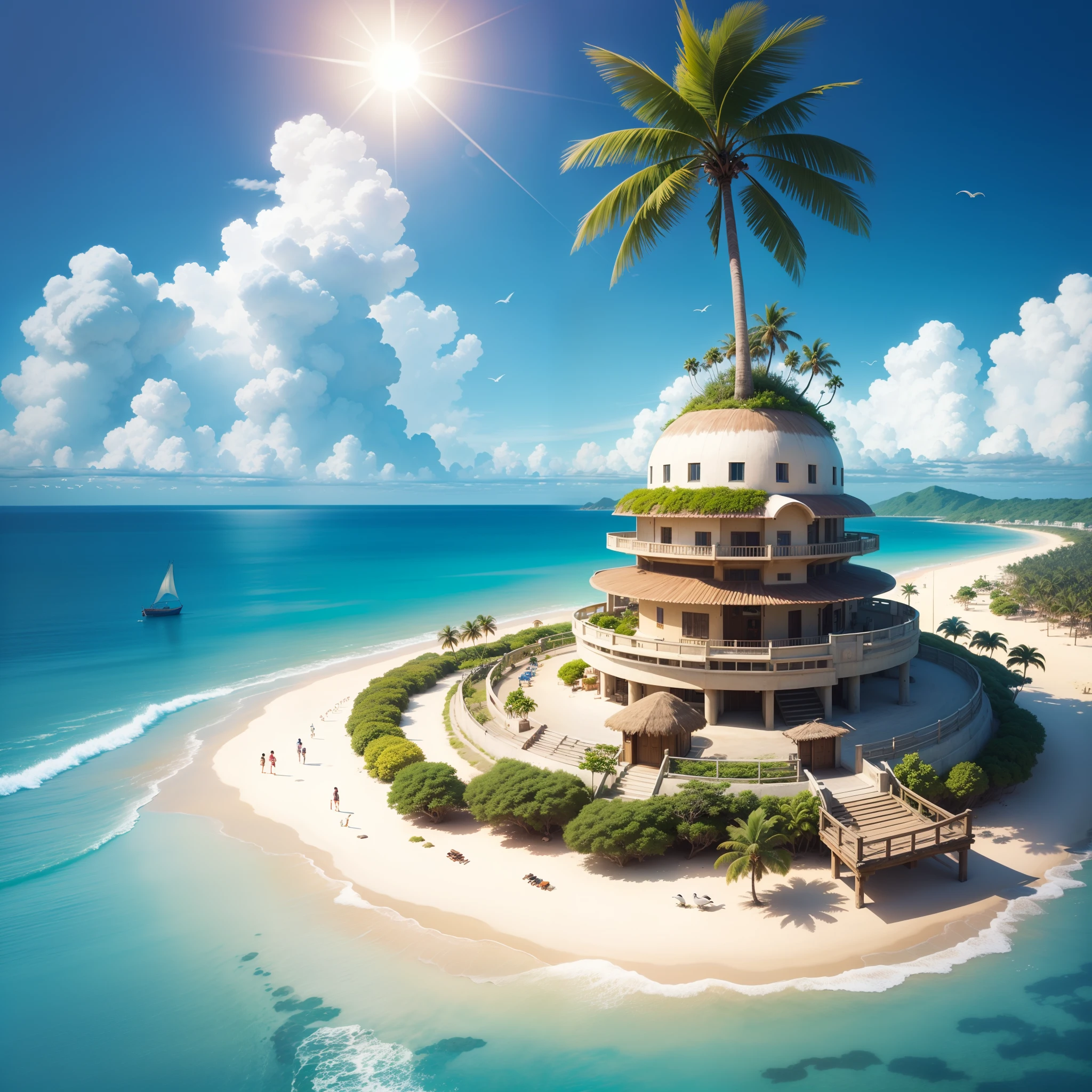 ((best quality)), clear, reasonable structure, ((cartoon style)), beach, boat, palm tree, sand, ((sea)), seagull, (sky with big sun), sunny, fantasy, no_humans, outdoors, landscape, real, Studio Ghibli Hayao Miyazaki's tropical island with blue sea and sky, tropical island, coconut,