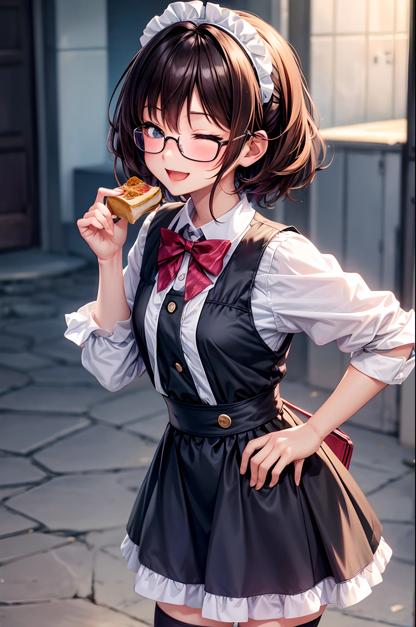 maid uniform, lunch box, Describes the background extensively, Lunch box with sandwiches, Smile with one eye closed, Hand over the lunch box with both hands, Location: School Clog Box, blush, Describing up to the knee, Wear black knee-high socks that go all the way up to the thigh., hair behind ear, hair dyed brown, short hair, expressive hair, over-rim eyewear, x hair ornament, open mouth, anime style, anime, best quality, super detail, textured skin, UHD, 4K