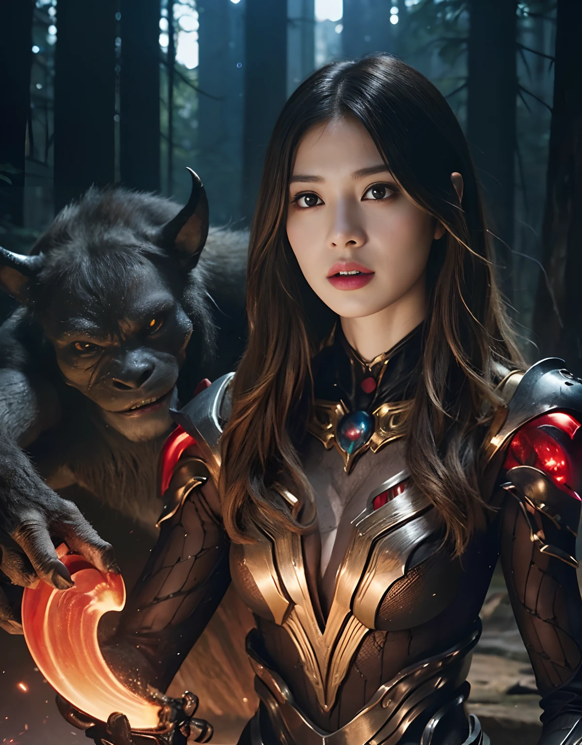 (1 mechanical girl)、top quality、Masterpiece、Super high resolution、(Photorealistic:1.4)、Raw-Photo、1 girl、Fighting mutants、glowing skin、(((1 mechanical girl)))、With a beautiful knife、(Yellow metallic bodysuit)、(Kobold、ogr、Fierce battle with orcs),(Fight the aliens furiously)、Sheer cliffs、(beautiful forest background)、(Fighting Demonic Beasts)、(Small LED)、((super realistic details))、portlate、very complex detail、realistic light、(Mystical expression),CGSoation Trends、(Strong giant demon beast),Global Illumination、shadow、Octane render、8K、ultra-sharp、Colossal tits、Raw skin exposed in the cleavage area、metals、Details of complex ornaments、Details about Japan、very complex detail、realistic light、(Mystical expression),CGSoation Trends、Red eyes、Shining eyes、Facing the camera、neon details、(mechanical limbs)、(blood vessels, connected to tubes)、mechanical vertebrae, attached to the back、mechanical attachment of the cervix to the neck、(wires and cables, connecting to the head)、Gundam、Small LED、,Mechanical hips、Tustok、(Hands are also made of machines)、(Attack of monstrous beasts)、