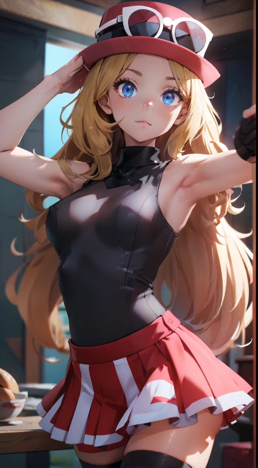 Serena \(pokemon xy\), serena, pokemon xy, beautiful feminine dark pink hat, dark pink hat with white sunglasses on top, black sleeveless top, black tank top, black turtleneck sleeveless, mini red skirt, red pleated skirt, long black socks, black thigh-high stockings, zettai ryouiki, blue eyes, blonde hair, BREAK indoors, BREAK looking at viewer, BREAK (masterpiece:1.2), best quality, high resolution, unity 8k wallpaper, (illustration:0.8), (beautiful detailed eyes:1.6), extremely detailed face, perfect lighting, extremely detailed CG, (perfect hands, perfect anatomy), armpits, ((sexy armpits)), petite woman, slim body, slender, doing sex, vaginal sex, vaginal creampie