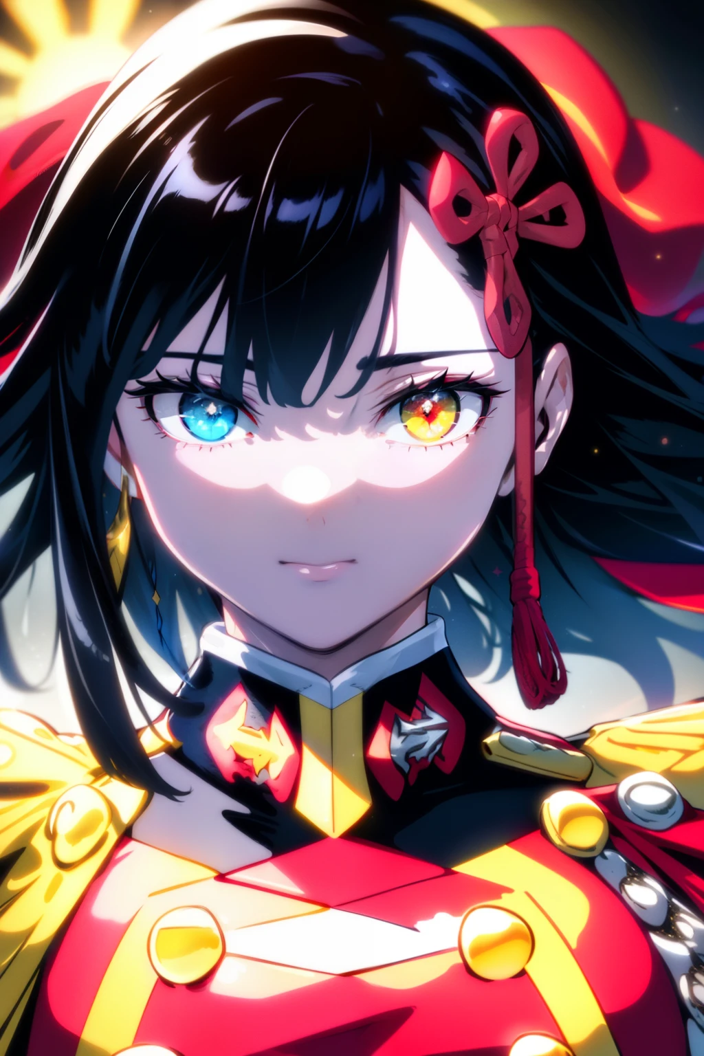 best quality,masterpiece,Master piece,extremely detailed CG unity 8k,cinemic lighting, yamashiro768, gloves, red cape, very long hair, closeup , heterochromia , White and black hair , beautiful eyes , beautiful face , high quality eye detail , high quality face , ultra high quality facial expression ,