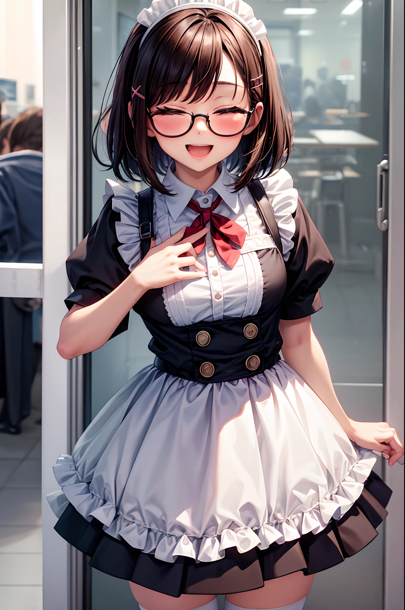maid uniform, Describes the background extensively, Smile with one eye closed, Location: School Clog Box, blush, Describing up to the knee, Wear black knee-high socks that go all the way up to the thigh., hair behind ear, hair dyed brown, short hair, expressive hair, over-rim eyewear, x hair ornament, open mouth, Holding an empty lunch box with a sandwich in it with both hands and trying to hand it to our side, anime style, anime, best quality, super detail, textured skin, UHD, 4K