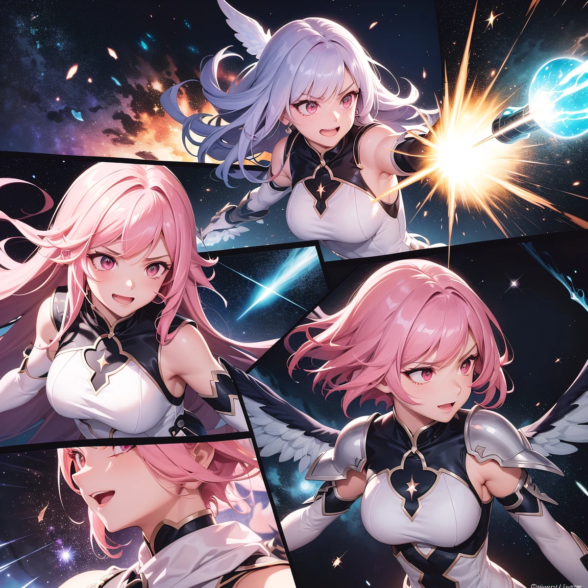 (comic_layout:1.3), (fighting stance:1.2), magical girl, multiple girls, (battle, damaged), face focus, perfect detailed eyes, (sparkle, explosion:1.2), (reflection burst fire), multiple views, growing detailed eyes, angelic eyes, medium hair, brilliant white medium dress, white elbow gloves, luminescence wing hair ornament, skirt, wing brooch, medium breasts, pink hair, pink eyes, pink thigh highs, upper body, sleeveless, (burst into laughter:1.1), disdain, smile, annoyed, (brilliant colorful luminescence effect galaxy background), BREAK (best quality:1.3), (absurd resolution:1.1), (top quality:1.1), masterpiece, high resolution, immensely beautiful, extremely detailed CG, incredibly absurdres, comic