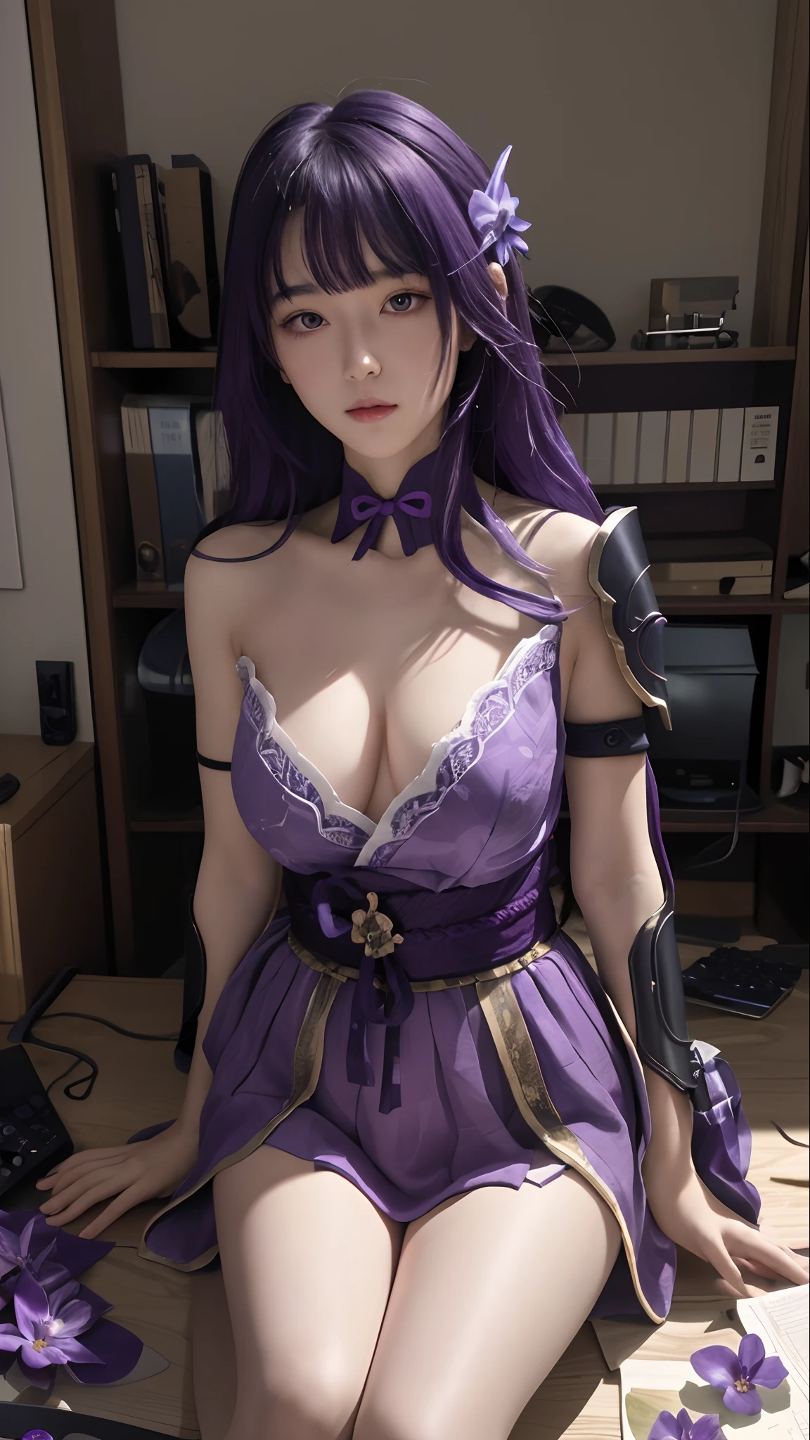 Best quality,Masterpiece,8K wallpaper,absurderes, A high resolution, Ultra detailed, (ung and beautiful girl, Solo:1.1),Solo, Raiden Shogun, Japanese clothes, Long hair, upper legs, bangs, hair adornments, Breasts, Purple hair,Shoulder armor, obijime, Armor, purple flower, ribbon,Moles under eyes, flower,Island of dreams: A place to fulfill your deepest desires,Anime texture,in the messy room,At the computer desk