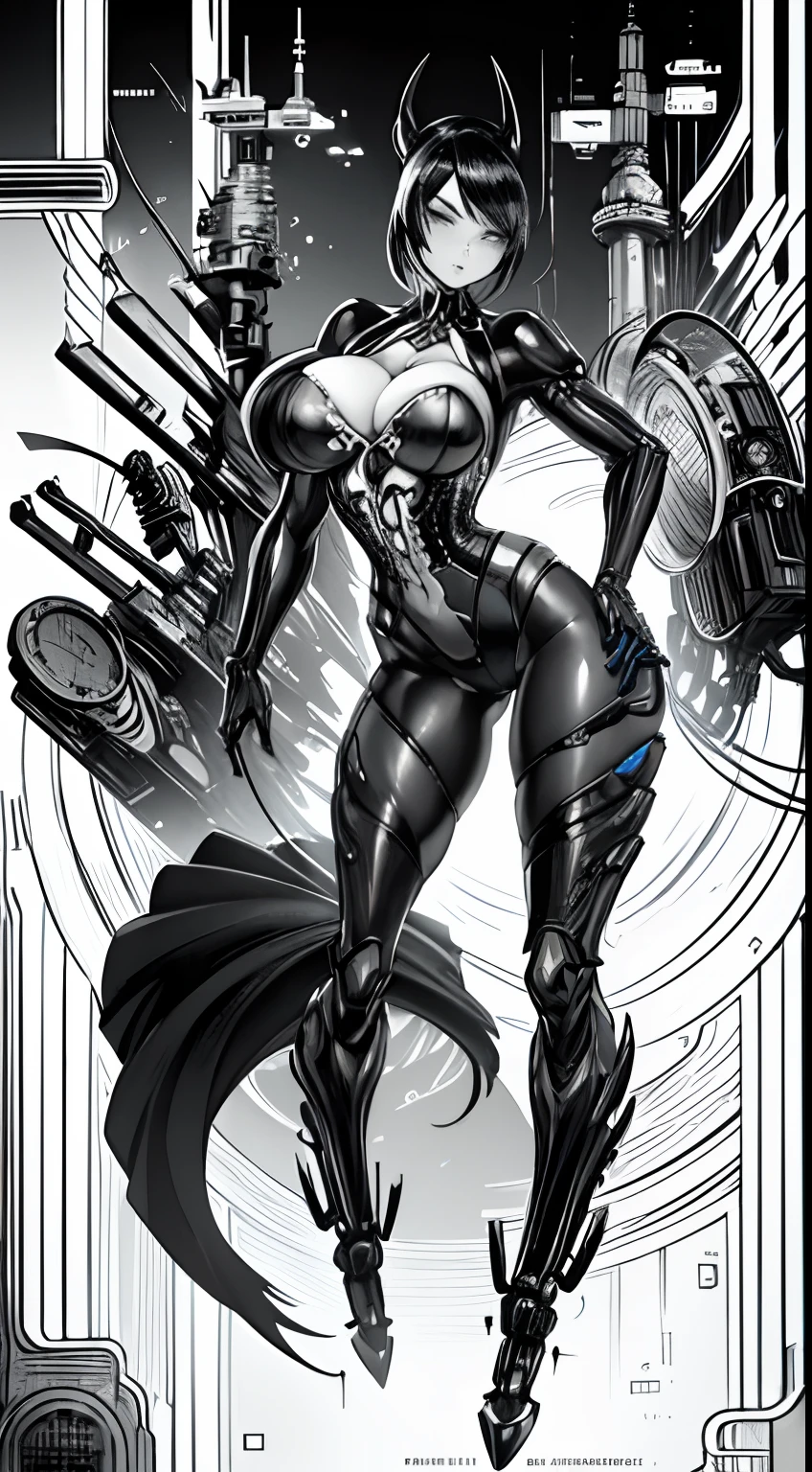 monochrome, greyscale, Cute 1girl biomechanical steampunk cyborg woman,full body, cleavage is visible、(wearing futuristic clothing , intricate and detailed anatomically sculpted biomechanical steampunk body),Elegant and glamorous,cables, Wires and microchips,Skillfully on her female cyborg body, Slender hot fit body with a gorgeous detaild face, expressive big round eyes, images, monochrome, greyscale