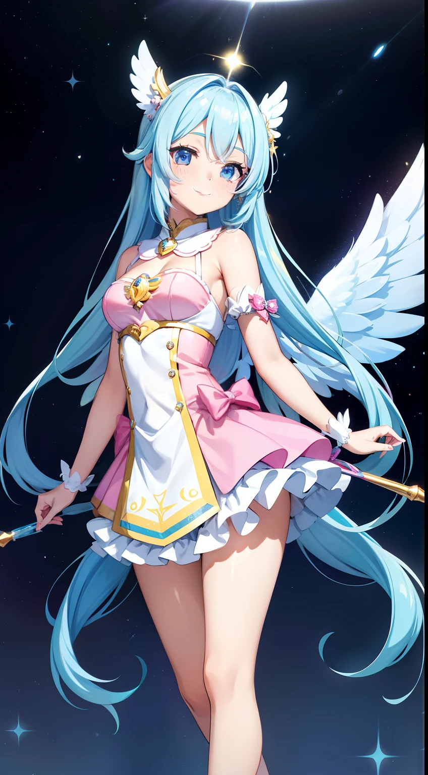 Super Idol a beauty girl A charming smile sky blue hair length hair Twin-tailed Glittery bright pink and white and blue and yellow leotards facing front Angel large wings on the back 7 colors Mystical Fantasia constellation a moon Crystal Brilliance Aurora Borealis in the Night Sky