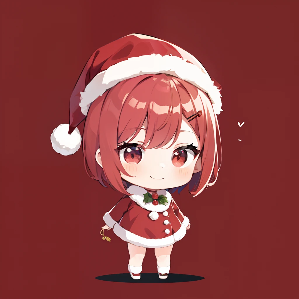 超A high resolution, nffsw, Best aesthetic, red hairs、a smile、Best Quality, masutepiece, Flat Avatar, Perfect litthing、(colourfull、vivd colour: 1.4)、Ahoge、full body Esbian, Peony hair ornament,　Shorthair、　is shy, A smile, 、Ahoge, Chibi, simple background, 耳环, jewely, side locks, large oval eyes,Flat Avatar,  simple background, Santa Cosplay,、Christmas Cosplay、Santa Cosplay、Christmas Cosplay