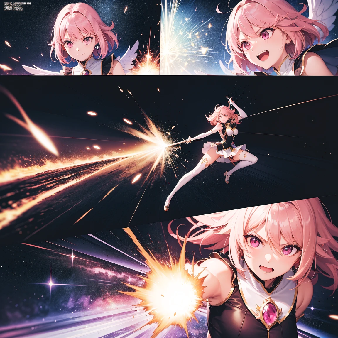 (comic_layout:1.3), (fighting stance:1.2), magical girl, multiple girls, (battle), face focus, perfect detailed eyes, (sparkle, explosion:1.2), (reflection burst fire), multiple views, growing detailed eyes, angelic eyes, medium hair, brilliant white medium dress, white elbow gloves, luminescence wing hair ornament, skirt, wing brooch, medium breasts, pink hair, pink eyes, pink thigh highs, upper body, sleeveless, (burst into laughter:1.1), disdain, smile, annoyed, (brilliant colorful luminescence effect galaxy background), BREAK (best quality:1.3), (absurd resolution:1.1), (top quality:1.1), masterpiece, high resolution, immensely beautiful, extremely detailed CG, incredibly absurdres, comic