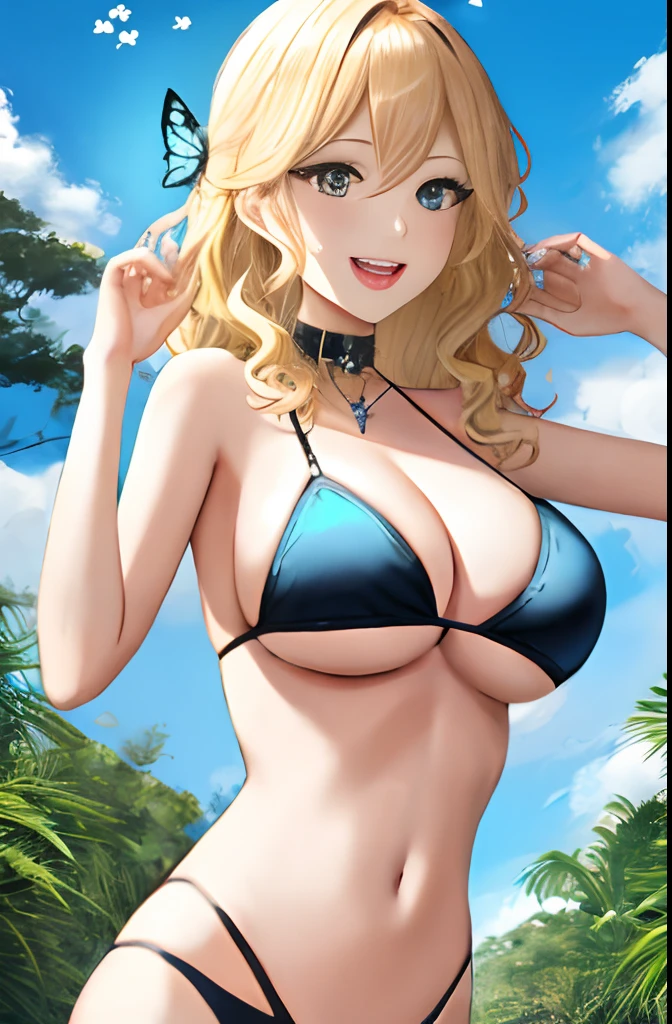 blonde woman fetching butterfly, smile, wavy hair,black and blue bikini, open mouth, right hand raised, black collar, vegetation background