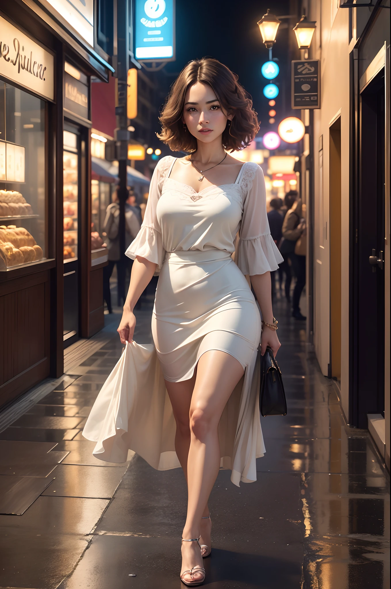 (best quality,16k,highres,masterpiece:1.2),ultra-detailed,(realistic,photorealistic,photo-realistic:1.37),nighttime in the city,shop entrance,standing a beautiful 35-year-old woman.,slender figure,straight legs,she is wearing a dress.,her hair is short,light brown.,she is walking on the street,white lights,face-on in this way,and the photo should be taken from below.