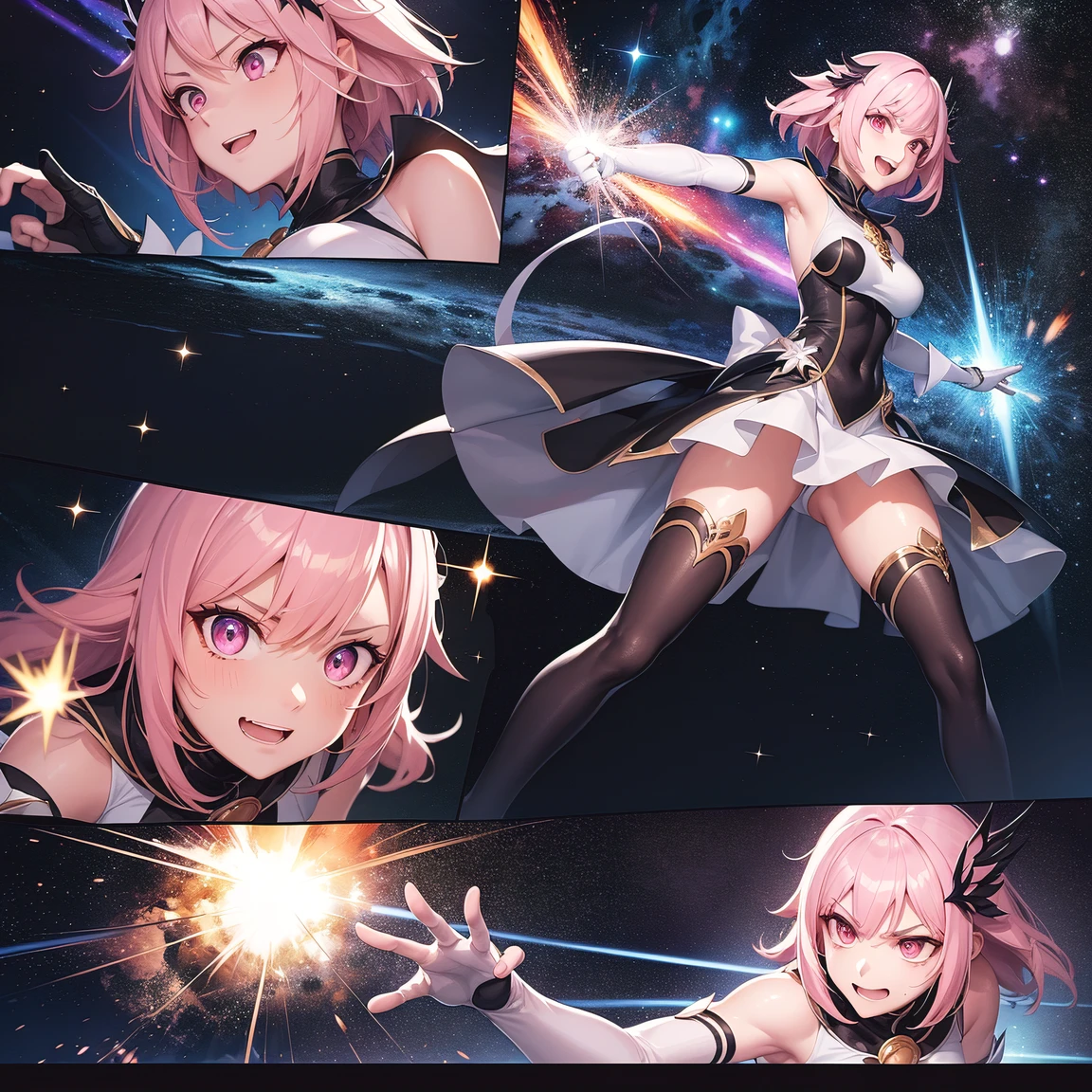 (comic_layout:1.3), (fighting stance:1.2), magical girl, multiple girls, battle, face focus, perfect detailed eyes, (sparkle, explosion:1.2), (reflection burst fire), multiple views, growing detailed eyes, angelic eyes, medium hair, brilliant white medium dress, white elbow gloves, luminescence wing hair ornament, skirt, wing brooch, medium breasts, pink hair, pink eyes, pink thigh highs, upper body, sleeveless, (burst into laughter:1.1), disdain, smile, annoyed, (brilliant colorful luminescence effect galaxy background), BREAK (best quality:1.3), (absurd resolution:1.1), (top quality:1.1), masterpiece, high resolution, immensely beautiful, extremely detailed CG, incredibly absurdres, comic