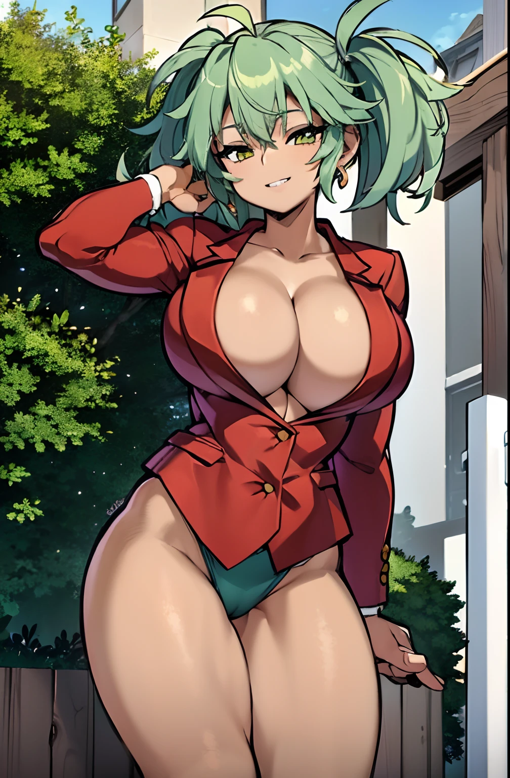 ((masterpiece,best quality, detailed)), 1girl, solo, outdoors, garden, sunset,
ryofu housen, magatama earrings, blazer, single earring, smile, parted lips, cleavage, muscular female