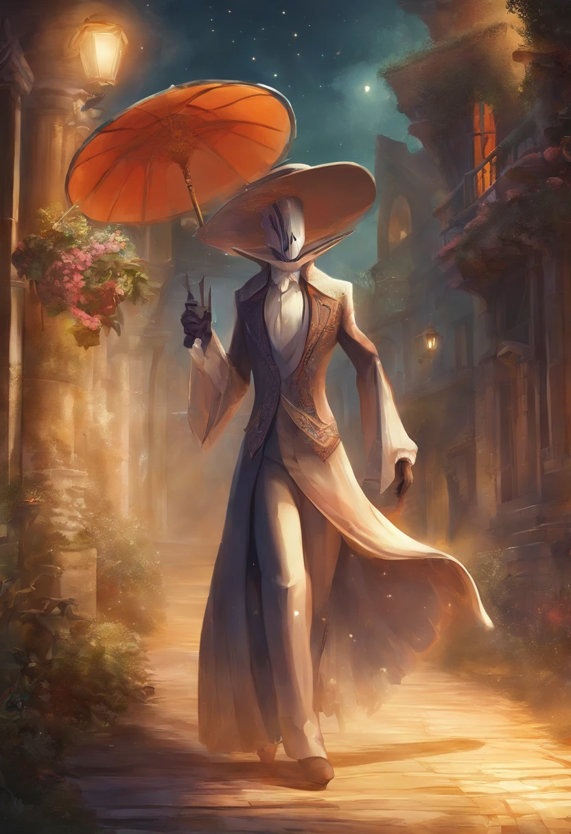 Headless,no head,2d image,cartoon,comedy mask,historical mask,fedora hat,long suit,suit,black suit,white gloves,gloves, stick in right hand,night street,mysterious woman,woman with no head,fantasy,mystical headless.
