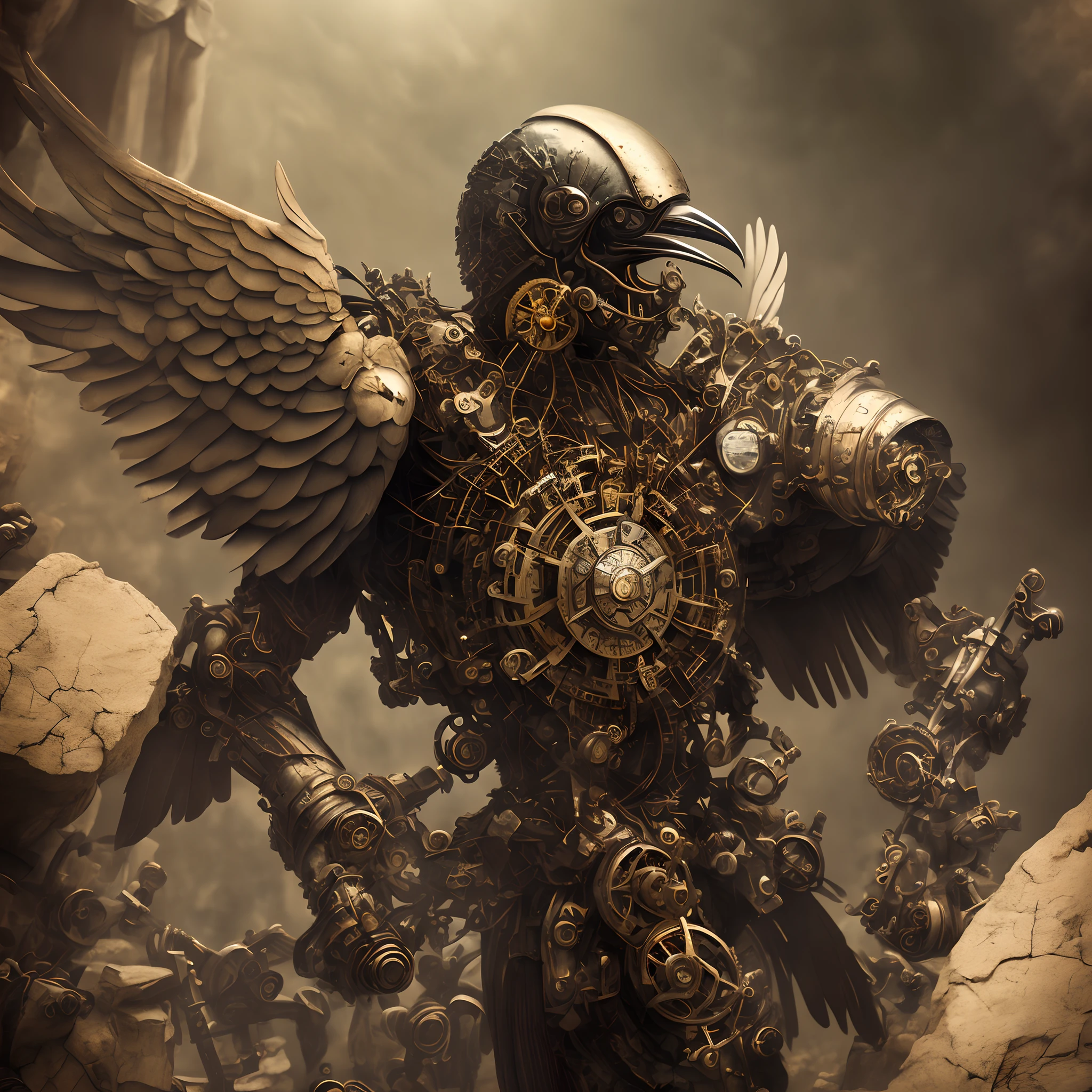 (best quality, highres, ultra-detailed, realistic:1.37), A crow whose entire body is a collection of mechanical parts, They spread their wings in a threatening manner,eerily glowing eyes, meticulously assembled gears, intricate metalwork, detailed wings, eerie atmosphere, dark and vibrant colors, vintage aesthetics, dimly lit scene,
