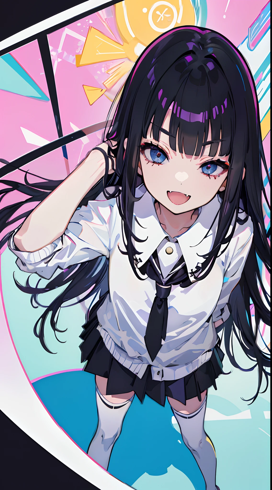 masterpiece、Highest quality、Very detailed))、One person、email、Black Hair、Long Two Side Up、Diagonal bangs、Light blue eyes、evil smile、((Small breasts))、((White collared shirt))、A bow tie、((pink cardigan))、((Black pleated skirt))、((micro miniskirt:1.2))、thighhighs、Cowboy Shot、Shoot from below、Classroom Background