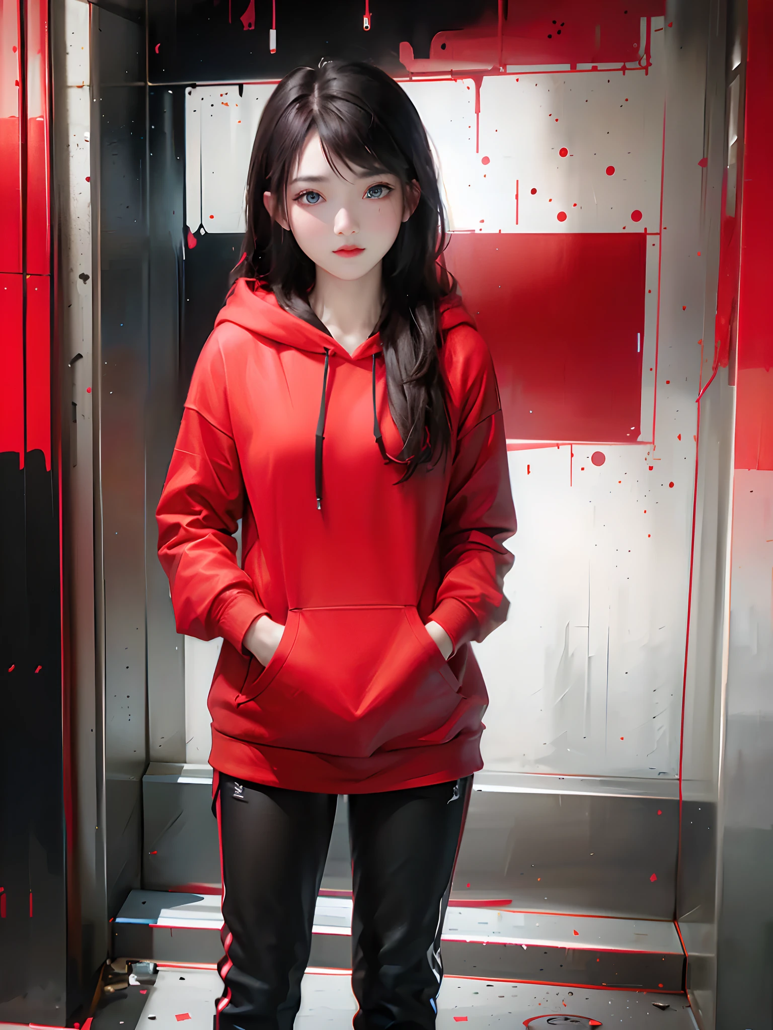 ((top-quality)), (((masterpiece)), (detaileds: 1.4), 3D, Beautiful Cyberpunk Woman Image, bob cuts, Broken black tights, leather clothes, Electromechanical, nffsw(HighDynamicRange), Ray traching, NVIDIA RTX, Hyper-Resolution, Unreal 5, Sub-surface scattering, PBR Texture, Postprocess, Anisotropy Filtering, depth of fields, Maximum sharpness and acutance, Multilayer Texture, Albedo and Highlight Maps, Surface Coloring, Accurate simulation of light-material interactions, perfectly proportions、octane renderings、two tone lighting、Large aperture、Low ISO、White Balance、thirds rule、8K Raw、masterpiece、top-quality、(8k extremely detailed CG unit wallpaper)(top-quality)、(The best illustrations)、(Best Shadows), blue eyes, long hair, hoodie