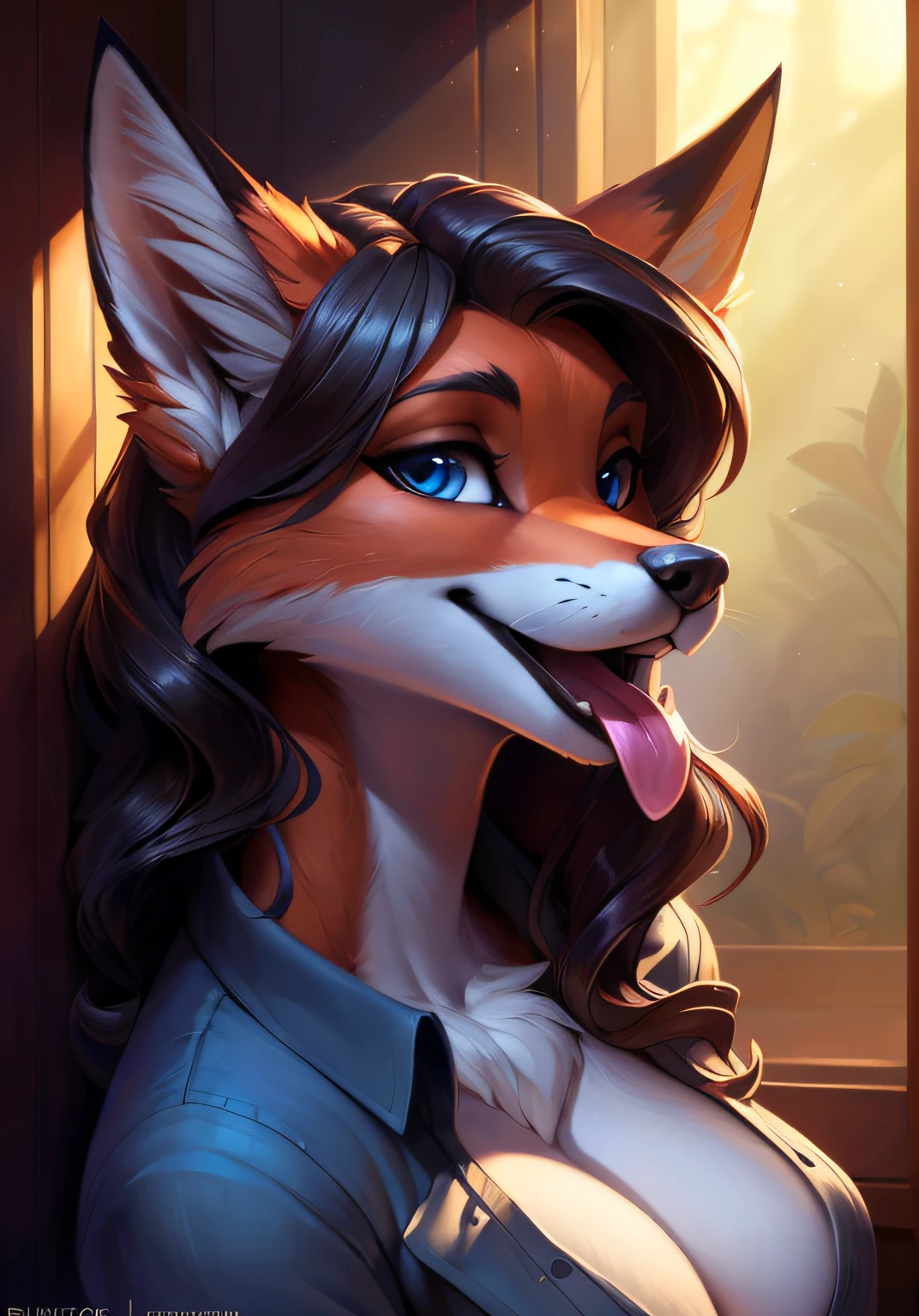 uploaded on e621, by Pixelsketcher, by Bayard Wu, by Thomas Benjamin Kennington , by Einshelm, solo anthro, ((face portrait)), BREAK, ((mouth open tongue out)), ((wear unbuttoned shirt)), (detailed Bonifasko lighting), (detailed fur), (detailed skin), BREAK, ((mouth open tongue out)), ((wear unbuttoned shirt)), ((wavy hair)), ((facing viewer )), (cinematic lighting), ((detailed background)), ((face view)), (((portrait view))), (half shadow), [backlighting], [crepuscular ray], [detailed ambient light], [gray natural lighting], [ambient light], (higher wildlife feral detail), [explict content], [sharp focus], (questionable content), (shaded), ((masterpiece), wavy hair, big hips, medium featureless breasts, breasts, furry pink fox, pink fox face, Furry Fantasy Art, Anthro Art, Commission for High Res, Furry Art, furry Art,Sakimichan beautiful, masterpiece, medium featureless breasts, best quality, detailed image, bright colors, detailed face, perfect lighting, perfect shadows, perfect eyes, girl focus, fox eyes, flawless face, big featureless breasts, gorgeous, shiny face, face focus, pink fox ears, pink fox girl, fluffy, fluffy woman, face fur, animal nose, muzzle, two-tone fur, gaze at the viewer, half-closed eyes, 1girl, solo, full face only, (masterpiece), (best quality), (illustration), (cinematic lighting), wavy hair, detailed fur, balanced coloring, global illumination, ray tracing, good lighting, pink fox, furry, anthro, showing featureless breasts, cleavage, attractive face, sexy face, looking at viewer, seductive look, SFW