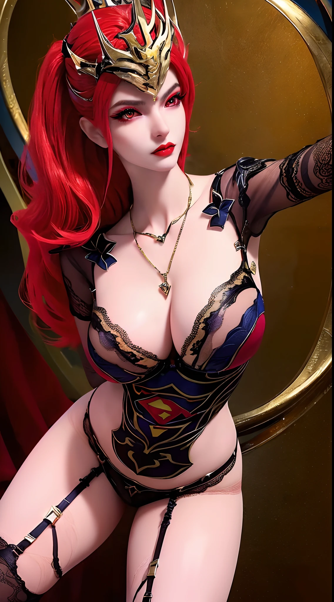 1 beautiful and sexy 20 year old girl, ((wearing super sexy period lingerie:2)), not wearing pants, sexy hanfu style, ((long red hair:1.7)), jewelry elaborately made from precious stones and beautiful hair, ((wearing a 24k gold lace necklace:1.4)), the noble, noble style of an extremely beautiful girl, her small face is super cute, her face is very pretty, thin eyebrows, flawless beautiful face, ((black eye pupils: 0.8)), very beautiful eyes, ((light red eyes: 1)), (((big round eyes:1.6))), nice makeup and hair detailed eyelashes, steamy eye makeup, high nose, earrings, red lips, ((closed mouth: 1.5)) beautiful lips, slim hands, most beautiful thighs, ((arms spread out to the sides: 1.5)), rosy face, clean face, flawless beautiful face, smooth white skin, plump body, beautiful cleavage, (((breasts are round and full: 1.8))), beautiful breasts, perfect body, ((put girl's arms behind her back:1.6)), chest out, sit down on the bed, ((Open your legs:1.5)), not ashamed, 8k photo, super high quality, super realistic, super 10x pixels, optical, bright studio, bright edges, dual-tone lighting, (high-detail skin:1.2), super 8k, soft lighting, high quality, volumetric lighting, photorealistic, photorealistic high resolution, lighting, best photo, 4k, 8k quality, smooth sharp, 10x pixel, ((royal villa background:1.5)), aurora, lightning, super graphics realistic, most realistic graphics, 1 girl, alone, solo, Extremely sharp image, surreal, ((portrait:1.5))."
