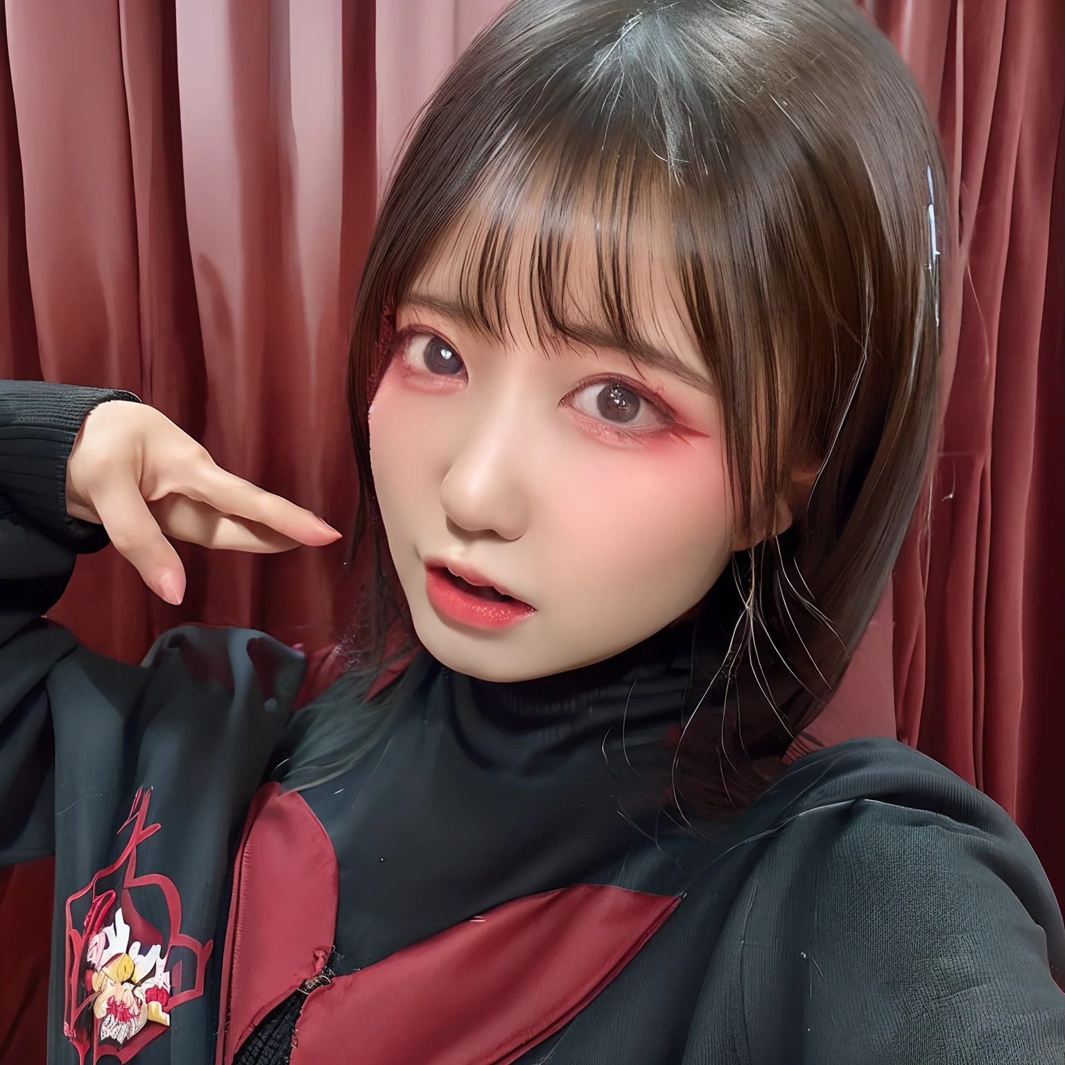masterpiece, best quality, modeus(helltaker), drooling, formal, black horns, large breasts, open mouth, simple background, red eyes, long sleeves, symbol-shaped pupils, upper body, solo, sweater, white hair, black suit, ribbed sweater, blush, turtleneck, 1girl, heart, jacket, demon horns, horns, heart-shaped pupils, red sweater, red background, looking at viewer, own hands together, suit, demon girl