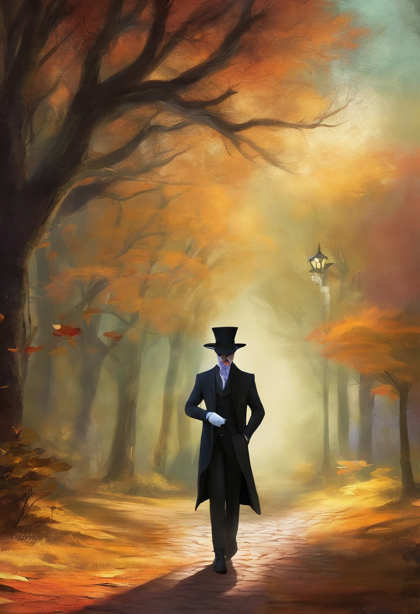Headless,no head,2d image,cartoon,comedy mask,historical mask,fedora hat,long suit,suit,black suit,white gloves,gloves, stick in right hand,night street,mysterious woman,woman with no head,fantasy,mystical headless.