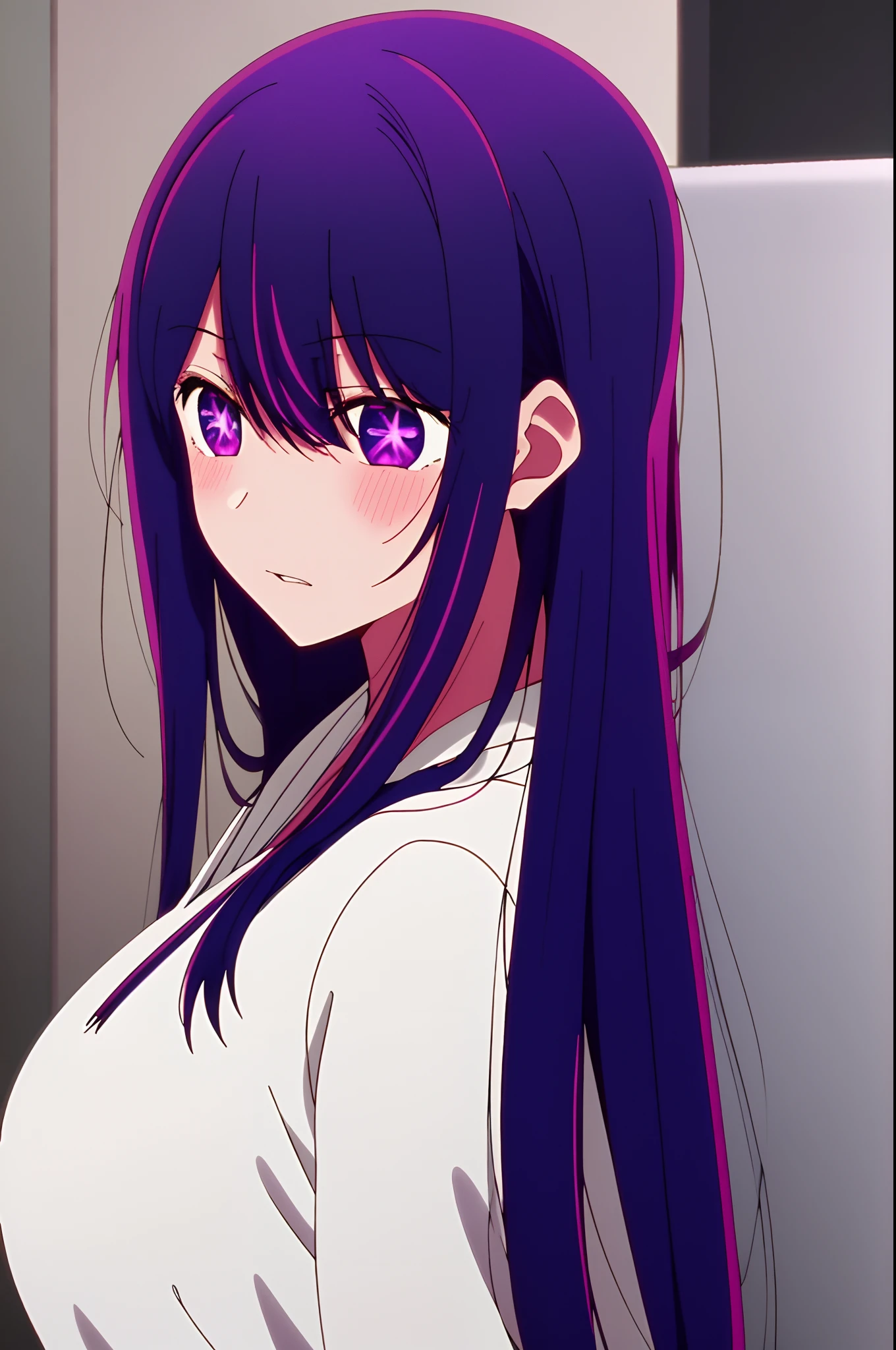 Yukino, best quality, purple color hair, purple eyes, in a black hoodie, cute girl, her expression is solemn, sexy face, she has a cute expressive face, hard breast