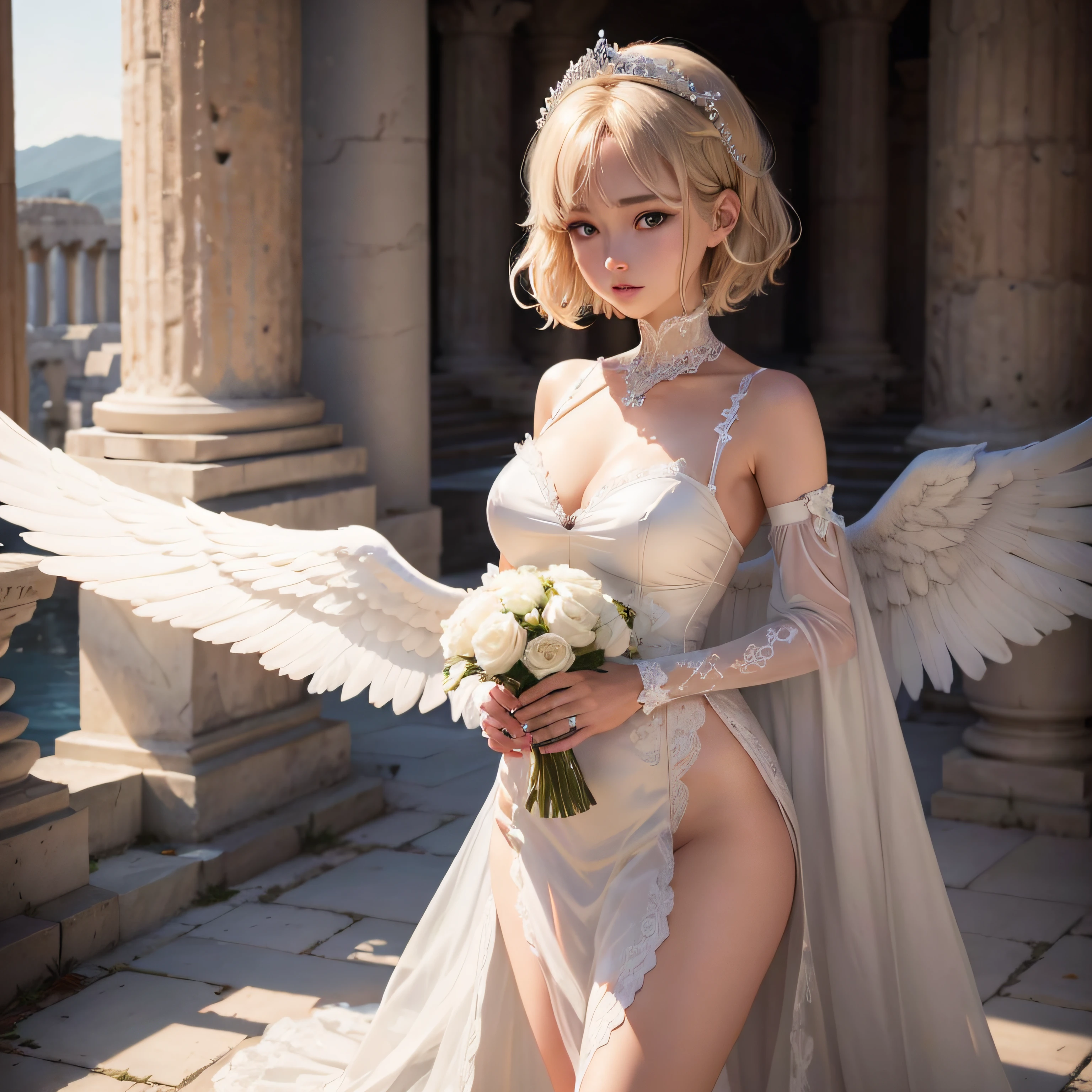 under the starry sky、Ancient Greek ruins with only columns remaining、White fairies fly a lot、8K、realphoto、超A high resolution, Master Parts, Best Quality, nffsw , cinematic images,Lovely girl、ann、18year old、Anglo-Saxon、二重まぶた、drooing eyes、 ighly detailed , a blond、straight short hair、 Sweet look 、thin lipss ,a very beautiful woman、legs are long、bare-legged、 Very clear shadows , jewely , A sexy , A detailed eye, very intricate, shiny skins , Perfect Brilliant, Perfect Lighting, Dramatic shadows ,White tiara on head、Greek see-through white dress、White angel wings feathers from the shoulders