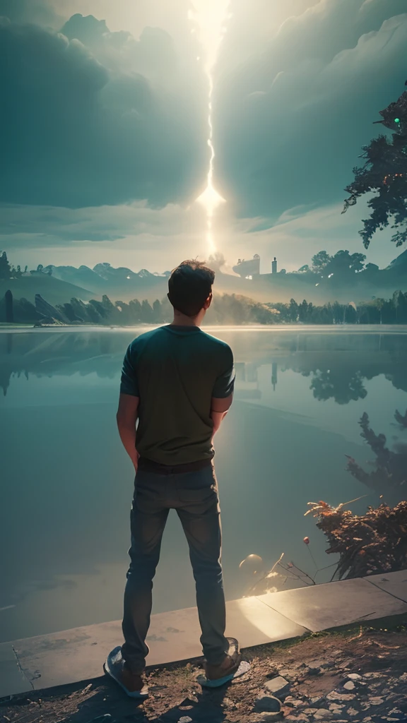 a man watching a giant alien monster