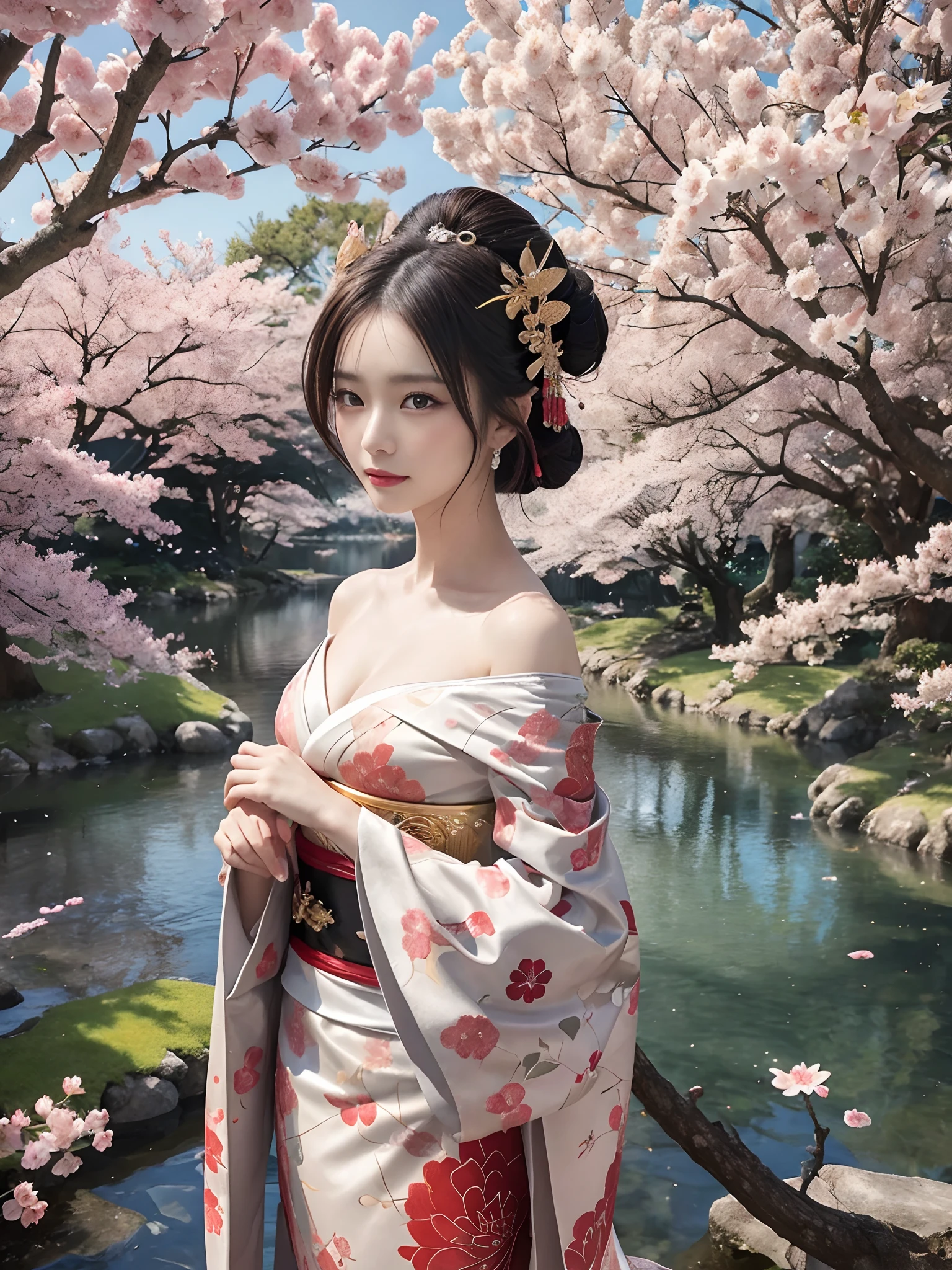 In a futuristic scene, Geisha in Japan with mechanical reinforcement、Elegant in elaborate gardens. She has beautifully detailed eyes and lips that complement her face. Geishas wear traditional kimonos with intricate patterns and designs. Around her are bright cherry trees and a quiet carp pond. The scene is painted with a blend of illustration and photorealism, Ultra-detailed brush strokes and clarity, Vivid colors. Lighting emphasizes the elegant features of the geisha, Gives her porcelain skin a soft glow. Artwork is of the highest quality, 4K or 8K resolution, Showcase the intricate details of geisha attire, cherry trees, And the shimmering scales of carp. The overall color scheme is、It is a combination of traditional shades of Japan, Crimson, etc., blacks, and subtle gold accents, With a futuristic twist. The fusion of ancient traditions and modern technology is、Create captivating and visually striking masterpieces.shoulders are exposed, Chest is visible、You can see the valley、are visible、Shoulders exposed、Chest revealed、（shoulders are exposed）, Chest is visible、You can see the valley、are visible、Shoulders exposed、Chest revealed、(Off-shoulder style)