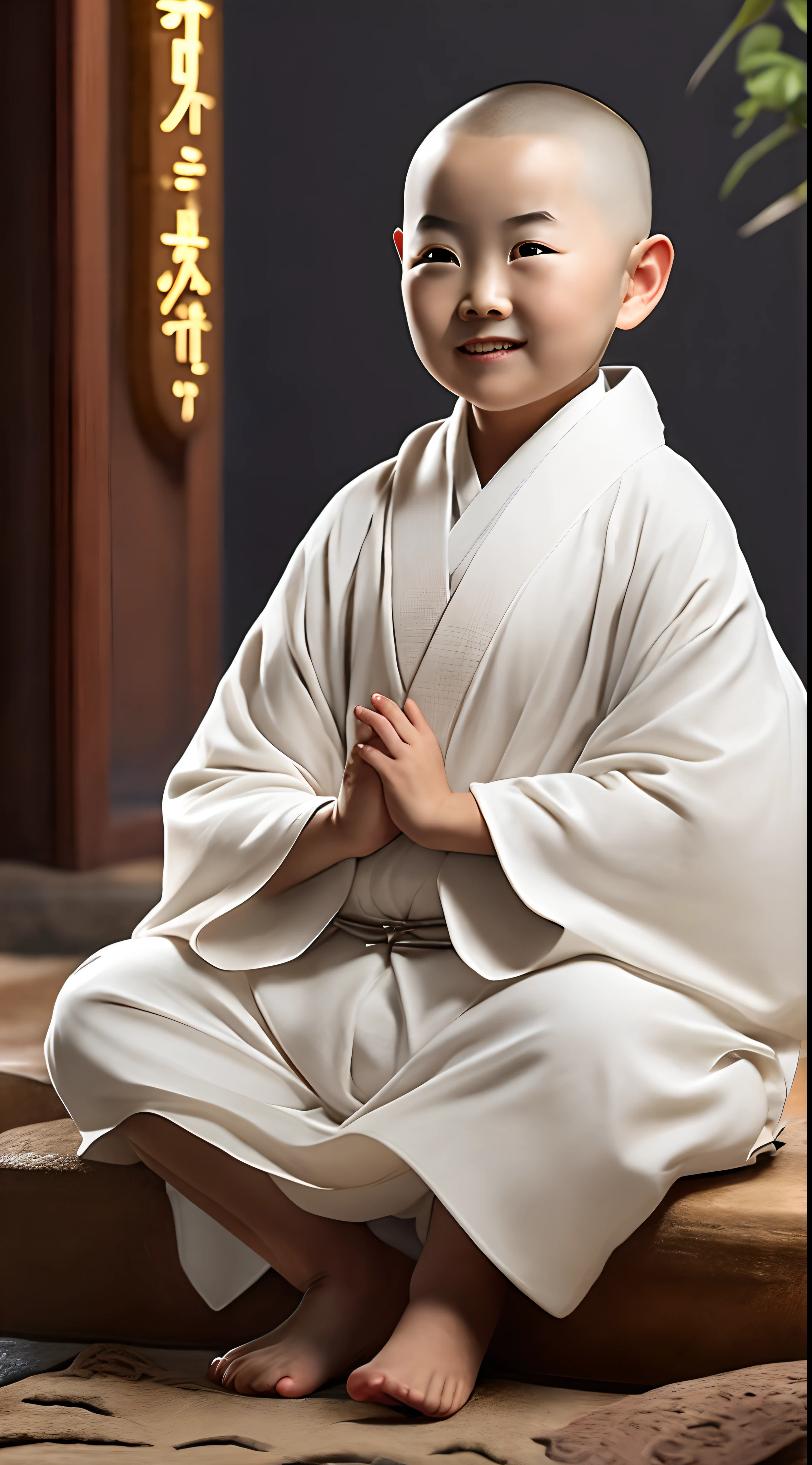 A cute Chinese female monk sits cross-legged, shaved head，Wearing a traditional white translucent robe ，The smile is bright，Age ，Q version，Cute big eyes and very cute, Detailed facial features. Her body is delicate and chubby, And her clothes are intricately designed. The image has photorealistic quality，The scale is 1.4. It has a surrealist art style，Lighting in scenes with 8K clarity resolution is bright and professional, Emphasis on traditional architecture and moonlight background.