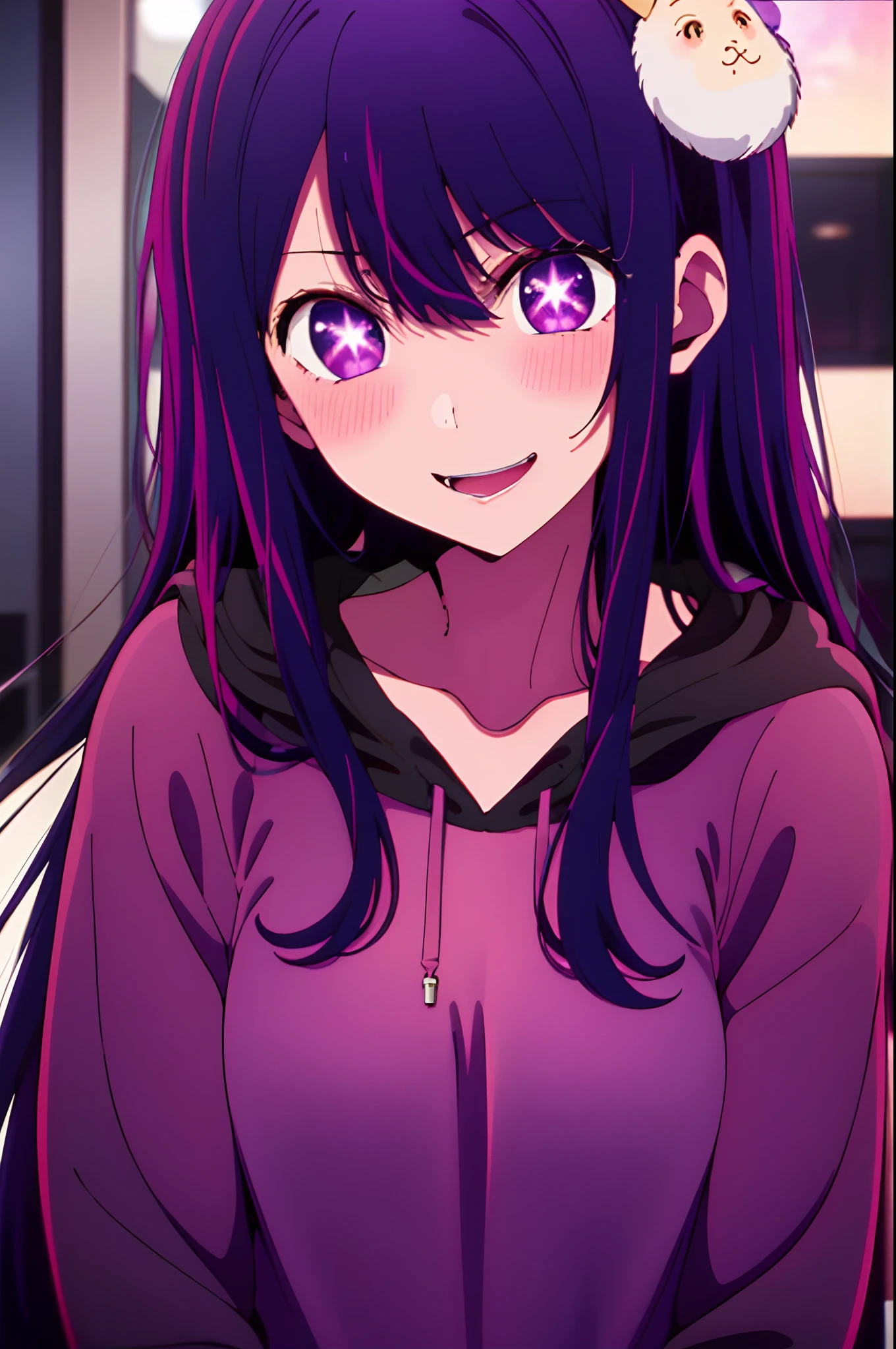 Yukino, best quality, purple color hair, purple eyes, in a black hoodie, cute girl, her expression is solemn, sexy face, she has a cute expressive face, hard breast