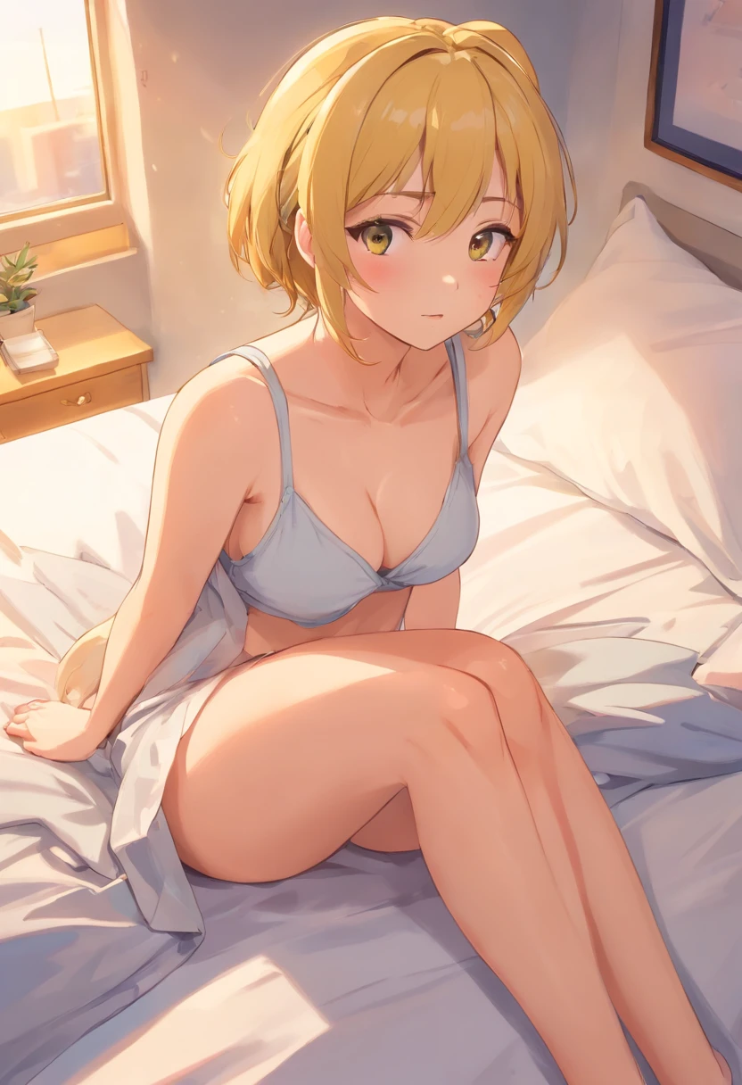 1female,sit on a bed,Full breasts,Big exposed,,The thighs are long and white,ass big,Yellow hair,Get your big with both hands,Mouth open,A smug expression