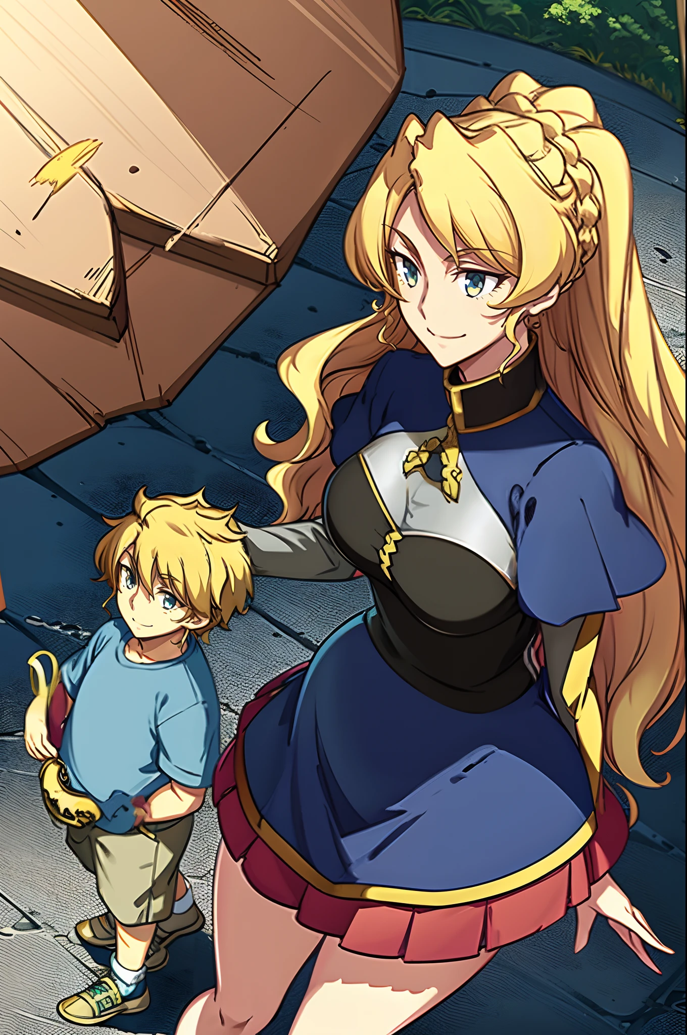 masterpiece, best quality, 1girl, alicetaria,blonde hair, l, mother and son , mom and shota, long hair, ponytail, blue eyes, blue shirt, pleated skirt, solo, simple background, bikini, beach, , alicetaria and son, motherly, walking, family, mother and child,boy, smile ,Pregnant, tall woman, brown hair boy,