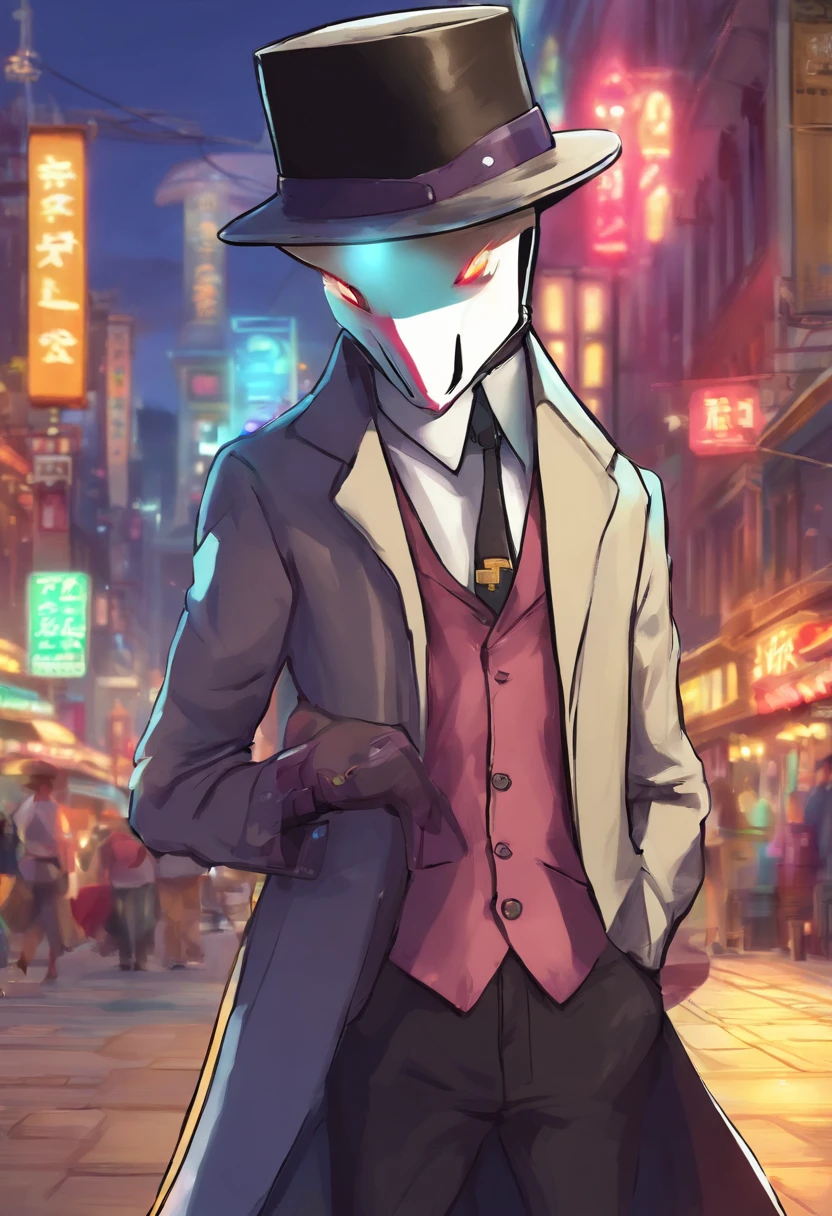Headless,no head,2d image,cartoon,comedy mask,historical mask,fedora hat,long suit,suit,black suit,white gloves,gloves, stick in right hand,night street,mysterious woman,woman with no head,fantasy,mystical headless.