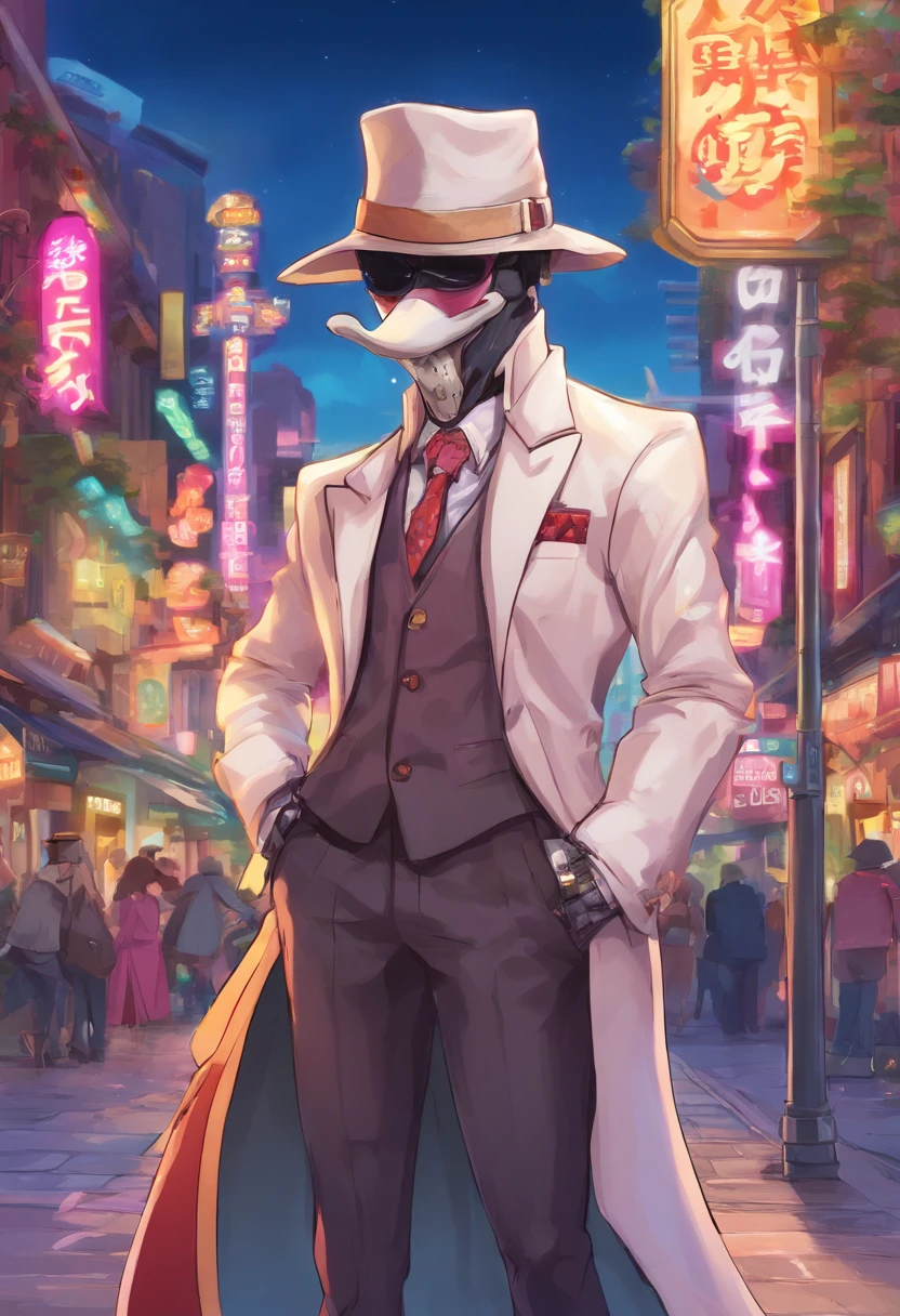 Headless,no head,2d image,cartoon,comedy mask,historical mask,fedora hat,long suit,suit,black suit,white gloves,gloves, stick in right hand,night street,mysterious woman,woman with no head,fantasy,mystical headless.