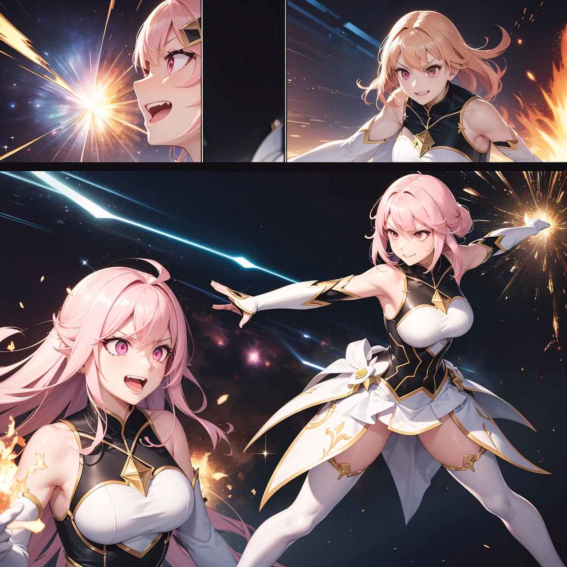 (comic_layout:1.3), (fighting stance:1.2), magical girl, multiple girls, battle, face focus, perfect detailed eyes, (sparkle, explosion:1.2), (reflection burst fire), multiple views, growing detailed eyes, angelic eyes, medium hair, brilliant white medium dress, white elbow gloves, luminescence wing hair ornament, skirt, wing brooch, medium breasts, pink hair, pink eyes, pink thigh highs, upper body, sleeveless, (burst into laughter:1.1), disdain, smile, annoyed, (brilliant colorful luminescence effect galaxy background), BREAK (best quality:1.3), (absurd resolution:1.1), (top quality:1.1), masterpiece, high resolution, immensely beautiful, extremely detailed CG, incredibly absurdres, comic