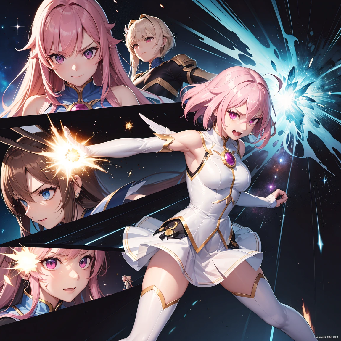 (comic_layout:1.3), (fighting stance:1.2), magical girl, multiple girls, battle, face focus, perfect detailed eyes, (sparkle, explosion:1.2), (reflection burst fire), multiple views, growing detailed eyes, angelic eyes, medium hair, brilliant white medium dress, white elbow gloves, luminescence wing hair ornament, skirt, wing brooch, medium breasts, pink hair, pink eyes, pink thigh highs, upper body, sleeveless, (burst into laughter:1.1), disdain, smile, annoyed, (brilliant colorful luminescence effect galaxy background), BREAK (best quality:1.3), (absurd resolution:1.1), (top quality:1.1), masterpiece, high resolution, immensely beautiful, extremely detailed CG, incredibly absurdres, comic