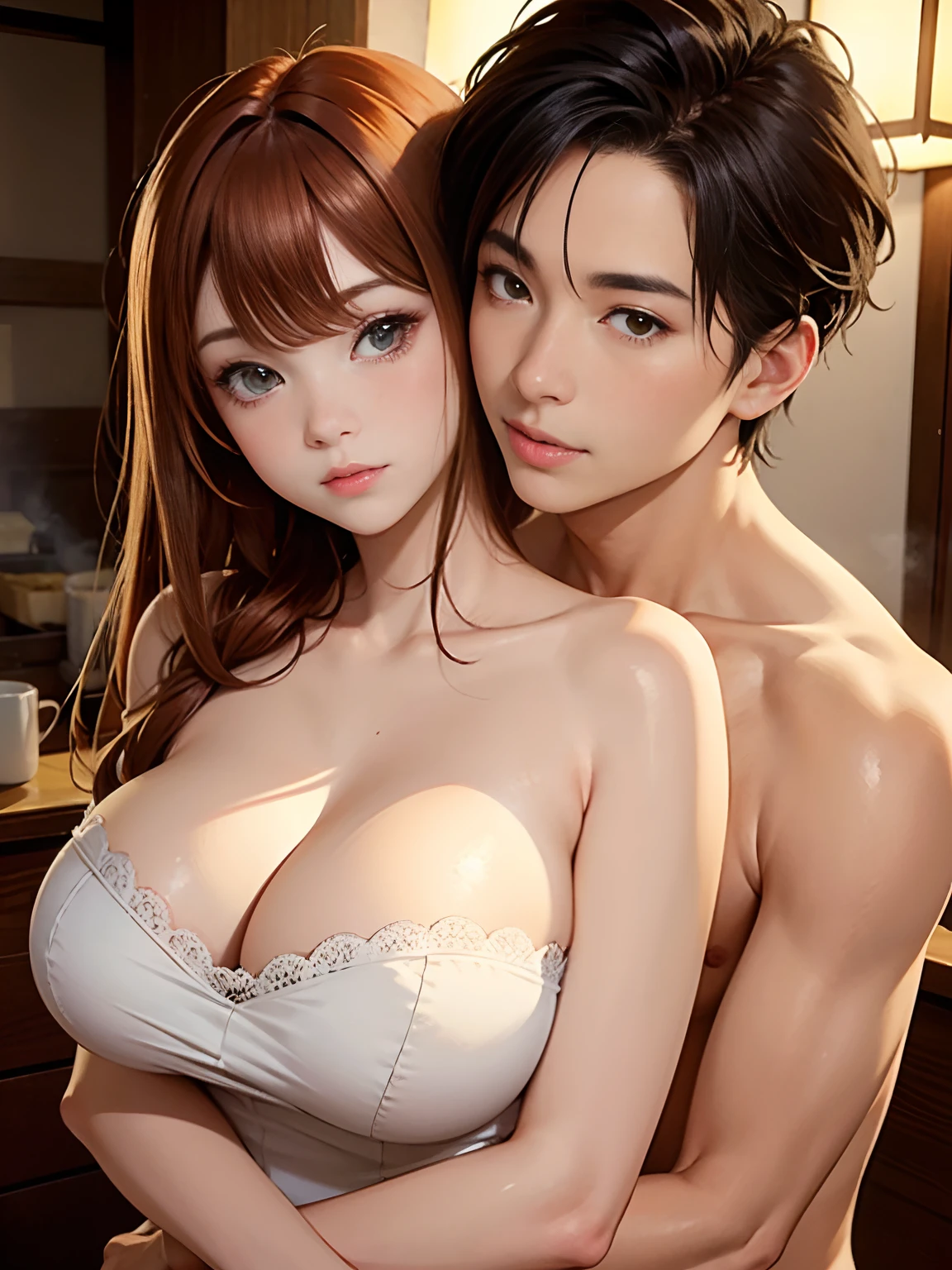 A masterpiece, photorealistic, ((couple close up portrait)), 24 years old a bare man hug from behind  a woman in redhead slim body wearing nothing, huge boobs, large breast, (she is leanning back on a man chest),  soaking together in the onsen, foggy and warm atmosphere, couple portrait, high quality portrait, a bare couple, couples portrait, fine portrait, full protrait, cover shot, merge, love interest, france kissing, promotional portrait, dramatic cinematic lighting, backlite