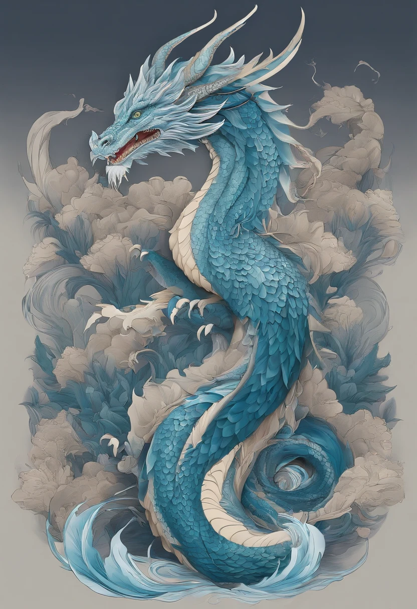 Design dragons inspired by nature and elements. Build a dragon that embodies the power of wind and water, with a flowing, Fluid lines and air, Gentle presence, T-shirt design.