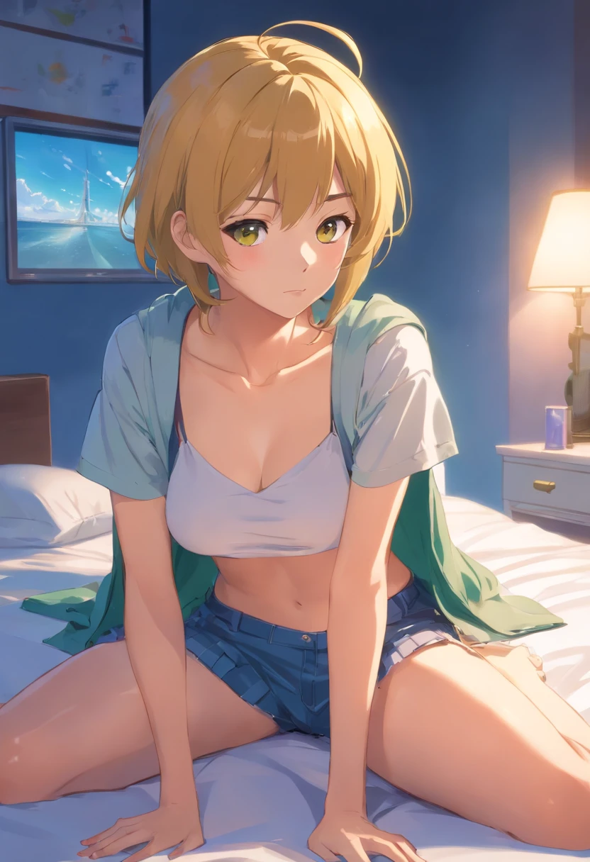 1female,sit on a bed,Full breasts,Large exposure,,The thighs are long and white,ass big,Yellow hair,Make it big with your hands,Mouth open,smug expression,Facing me,Clothing does not cover the body