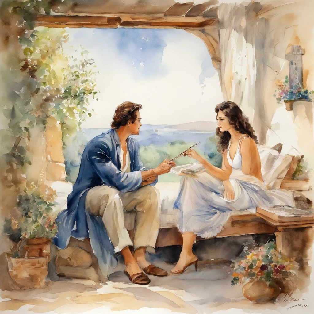 [Retro men and women], Ancient Anime, 1980s \(styles\), 1990's \(styles\), watercolor paiting \(central\), , ((best qualtiy)), ((​masterpiece)), [detailliert], [Images from anime and manga], [fascinating], Couple sitting on bed,