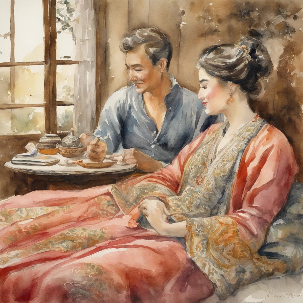 [Retro men and women], Ancient Anime, 1980s \(styles\), 1990's \(styles\), watercolor paiting \(central\), , ((best qualtiy)), ((​masterpiece)), [detailliert], [Images from anime and manga], [fascinating], Couple sitting on bed,