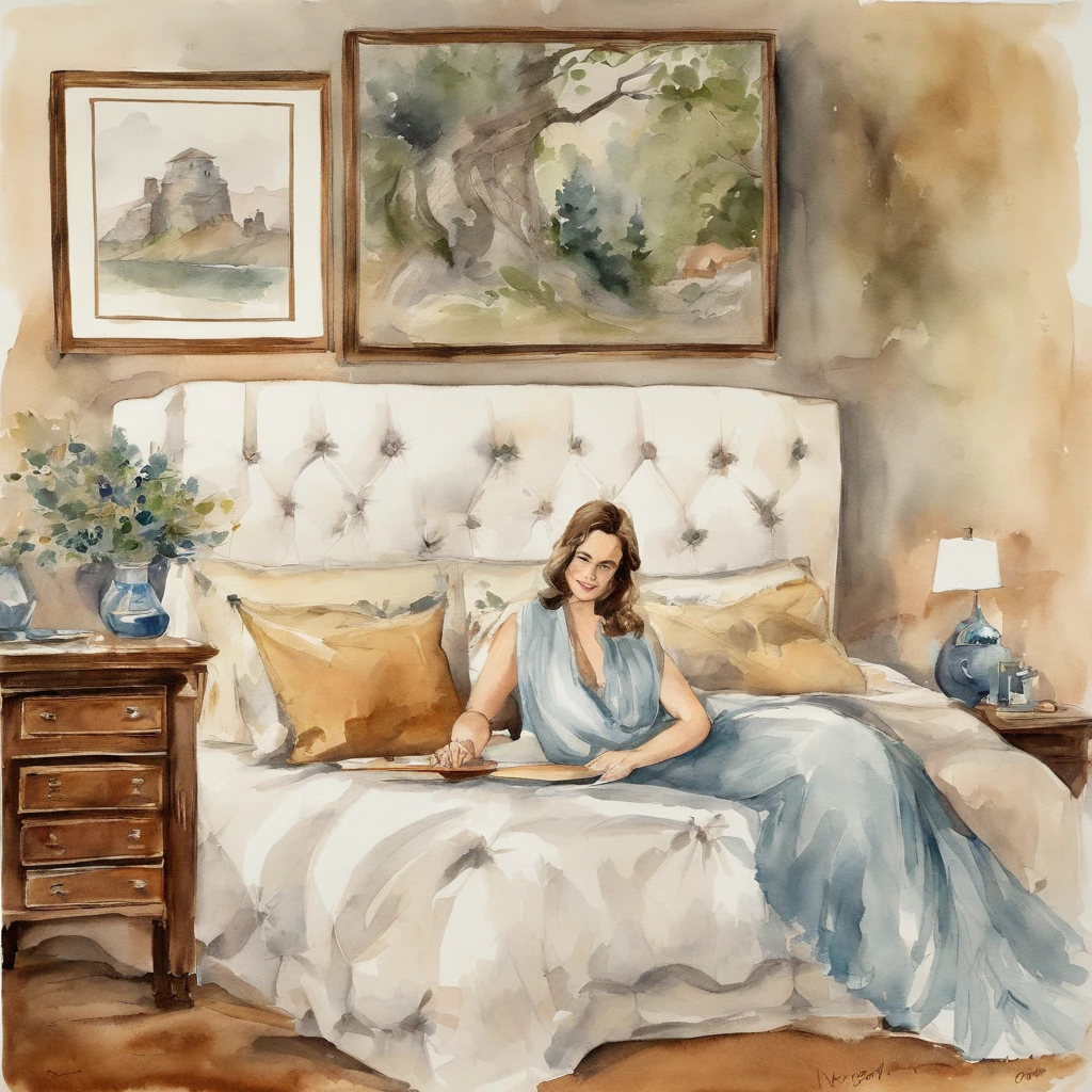 [Retro men and women], Ancient Anime, 1980s \(styles\), 1990's \(styles\), watercolor paiting \(central\), , ((best qualtiy)), ((​masterpiece)), [detailliert], [Images from anime and manga], [fascinating], Couple sitting on bed,