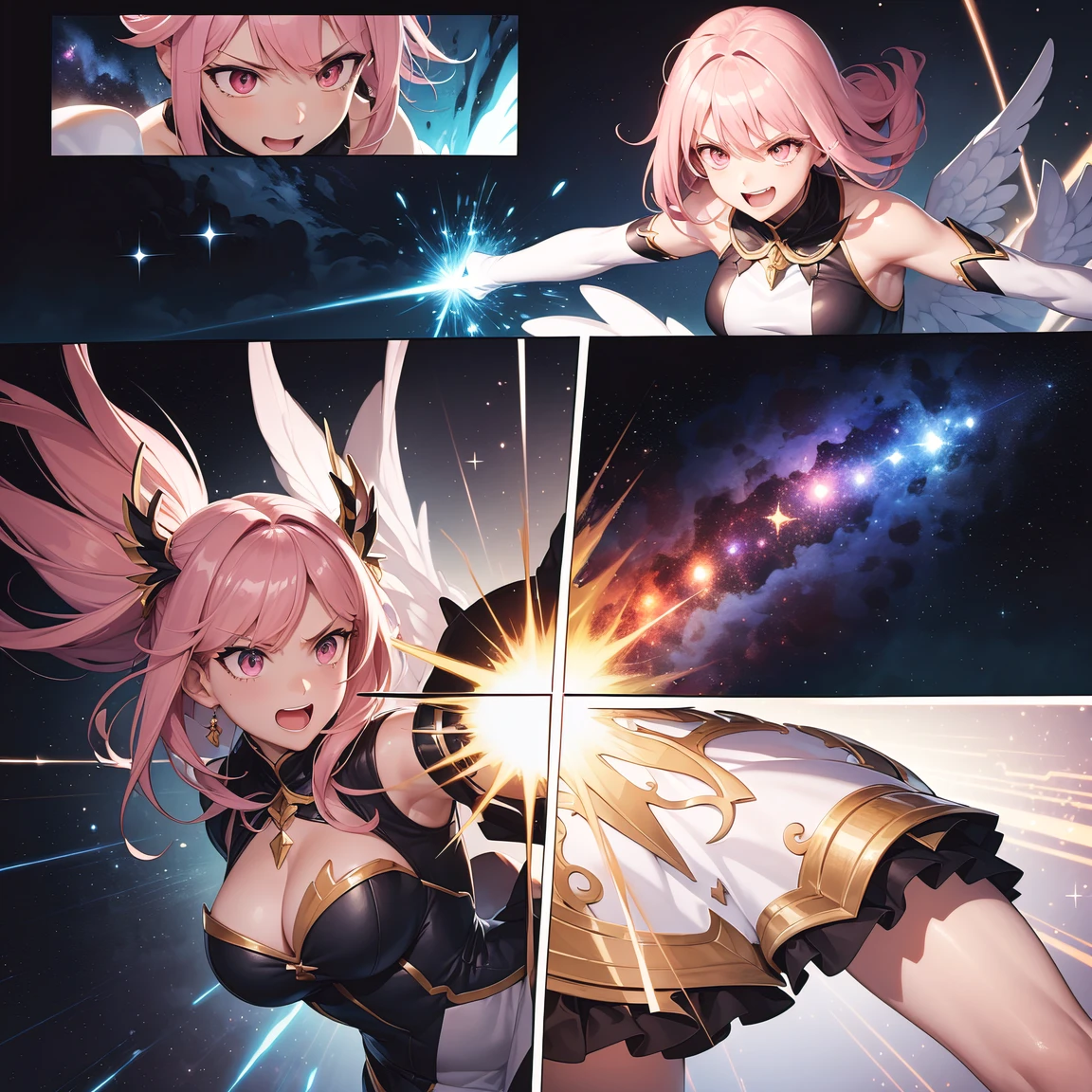 (comic_layout:1.3), (fighting stance:1.2), magical girl, multiple girls, (face focus), perfect detailed eyes, (sparkle, explosion:1.2), (reflection burst fire), multiple views, growing detailed eyes, angelic eyes, medium hair, brilliant white medium dress, white elbow gloves, luminescence wing hair ornament, skirt, wing brooch, medium breasts, pink hair, pink eyes, pink thigh highs, upper body, sleeveless, (burst into laughter:1.1), disdain, smile, annoyed, (brilliant colorful luminescence effect galaxy background), BREAK (best quality:1.3), (absurd resolution:1.1), (top quality:1.1), masterpiece, high resolution, immensely beautiful, extremely detailed CG, incredibly absurdres, comic